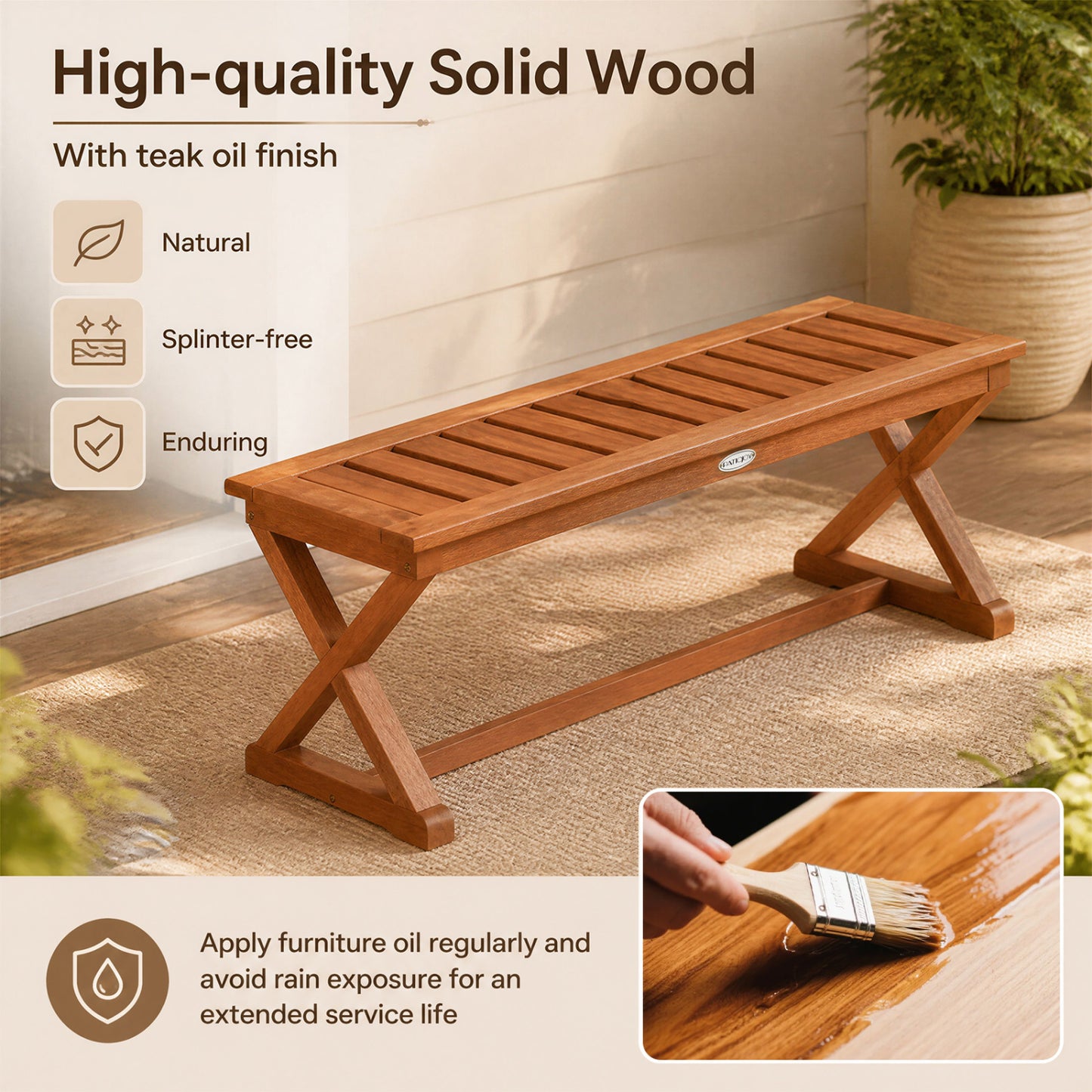 2-Person 44" Solid Wood Outdoor Bench, Slatted Seat Outdoor Benches at Gallery Canada
