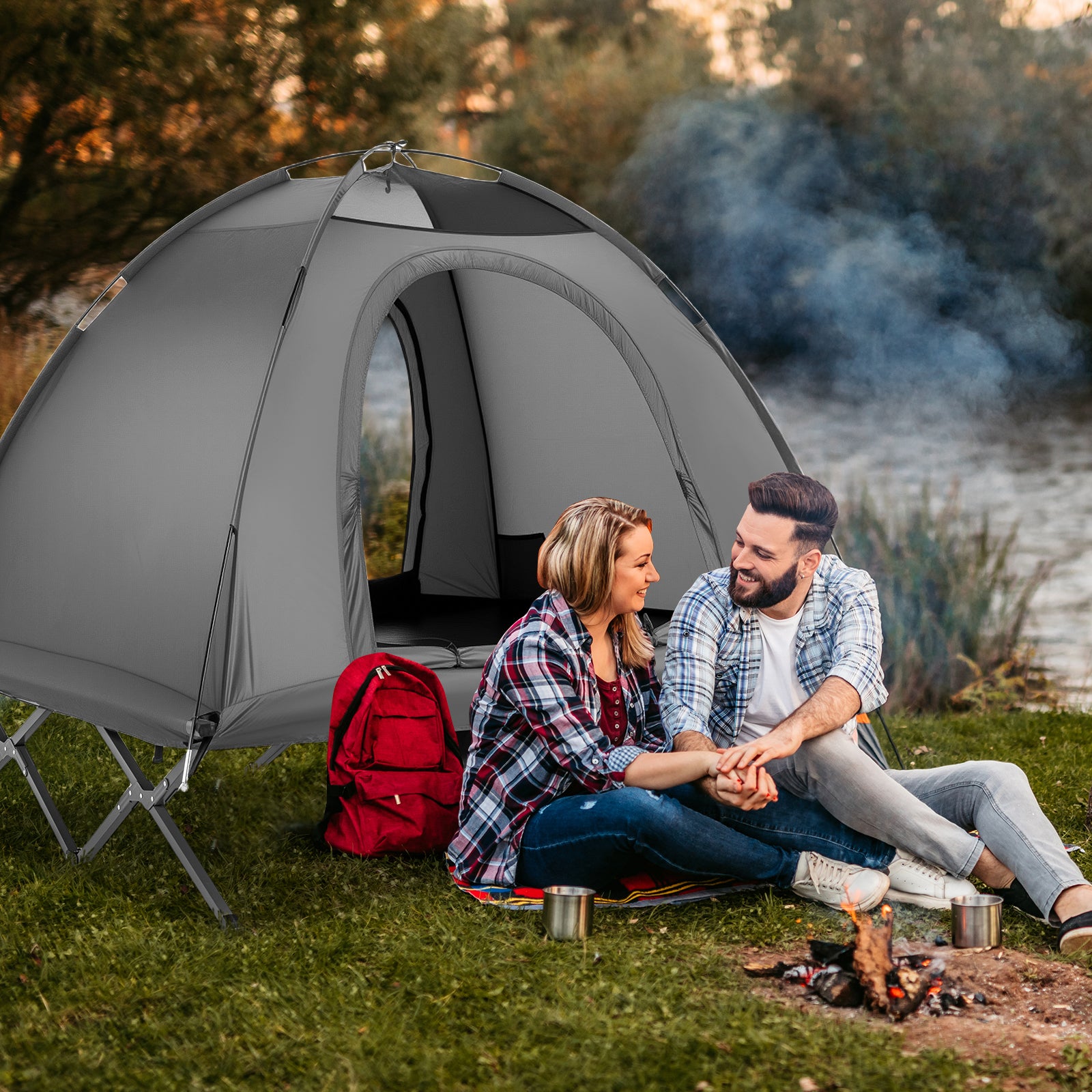 2-Person Camping Cot Tent, Foldable Off-Ground Combo, Grey Tents at Gallery Canada