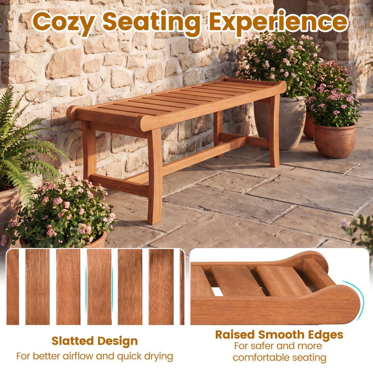 2-Person Outdoor Wood Bench with Slatted Seat and Raised Edges-Set of 2 Outdoor Benches at Gallery Canada