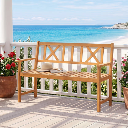 2-Person Patio Acacia Wood Garden Chair with Armrests and X-Shaped Backrest for Garden Outdoor Benches at Gallery Canada