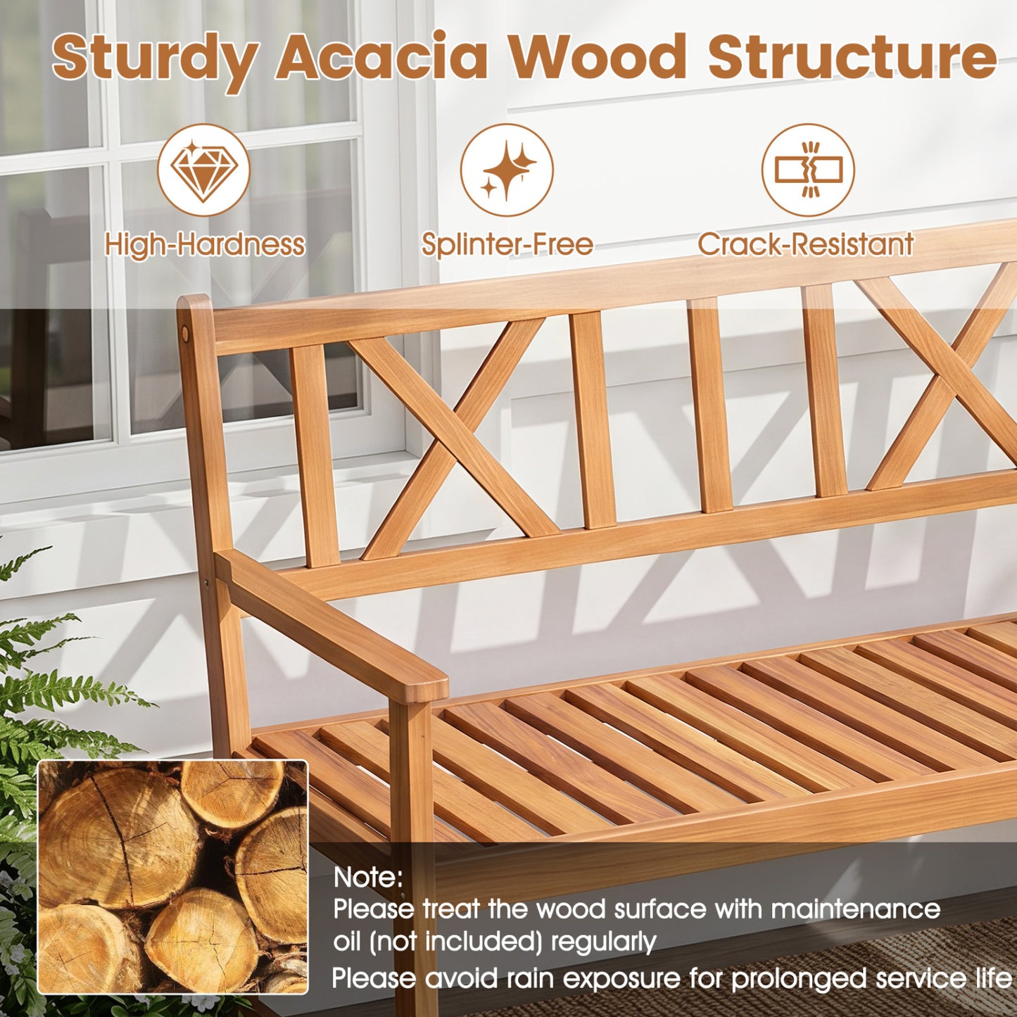 2-Person Patio Acacia Wood Garden Chair with Armrests and X-Shaped Backrest for Garden Outdoor Benches at Gallery Canada
