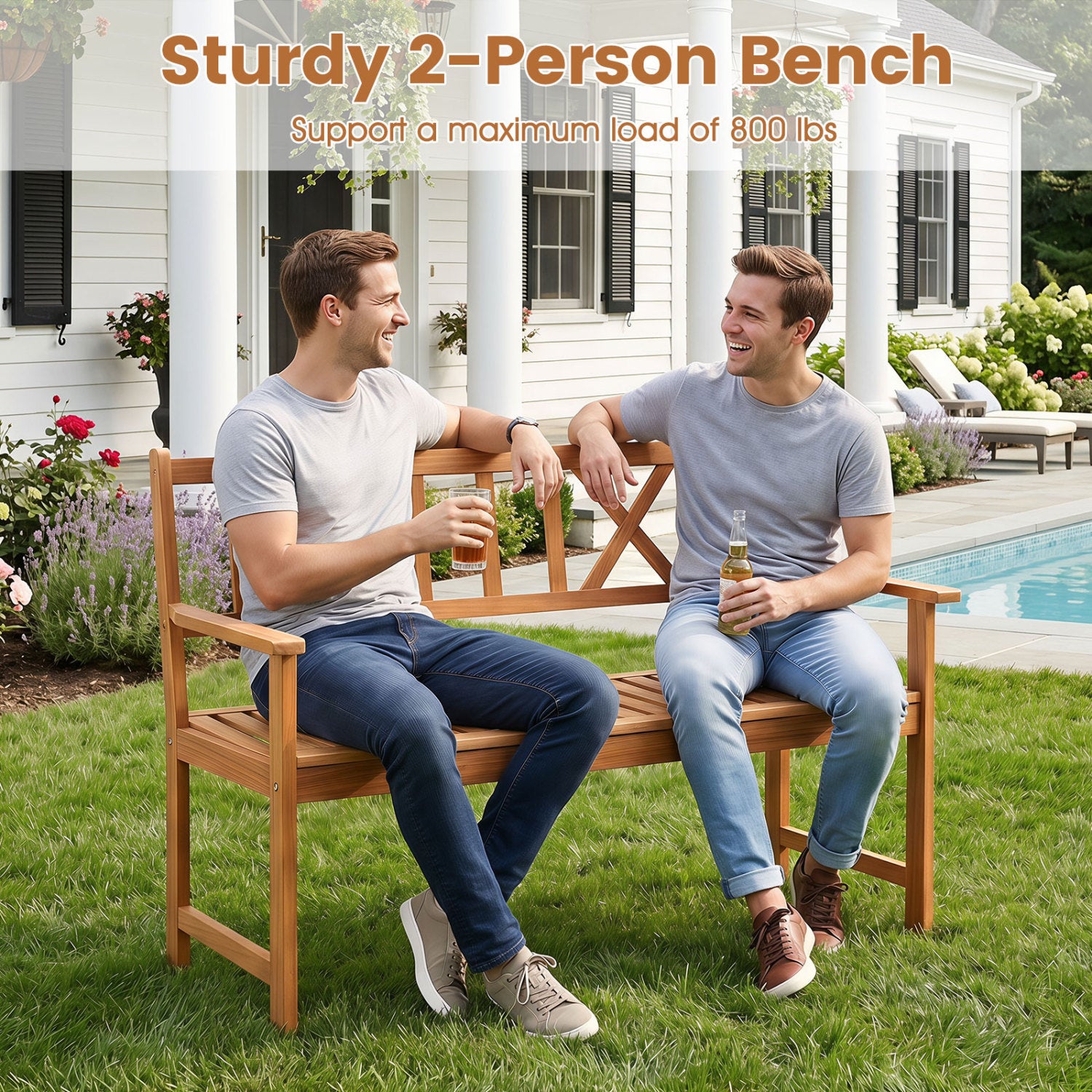 2-Person Patio Acacia Wood Garden Chair with Armrests and X-Shaped Backrest for Garden Outdoor Benches at Gallery Canada