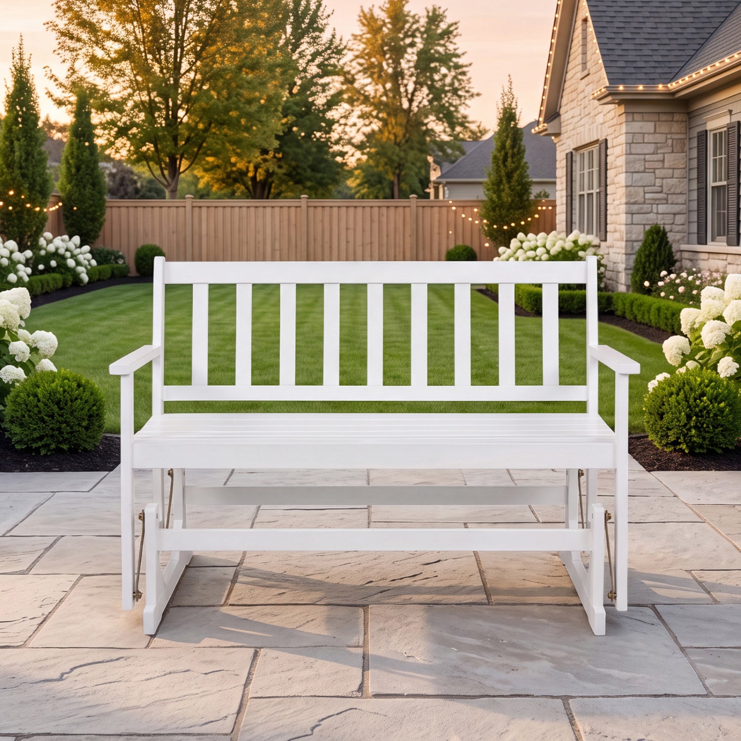 2-Person Acacia Wood Glider Chair with Armrests, White Outdoor Benches at Gallery Canada