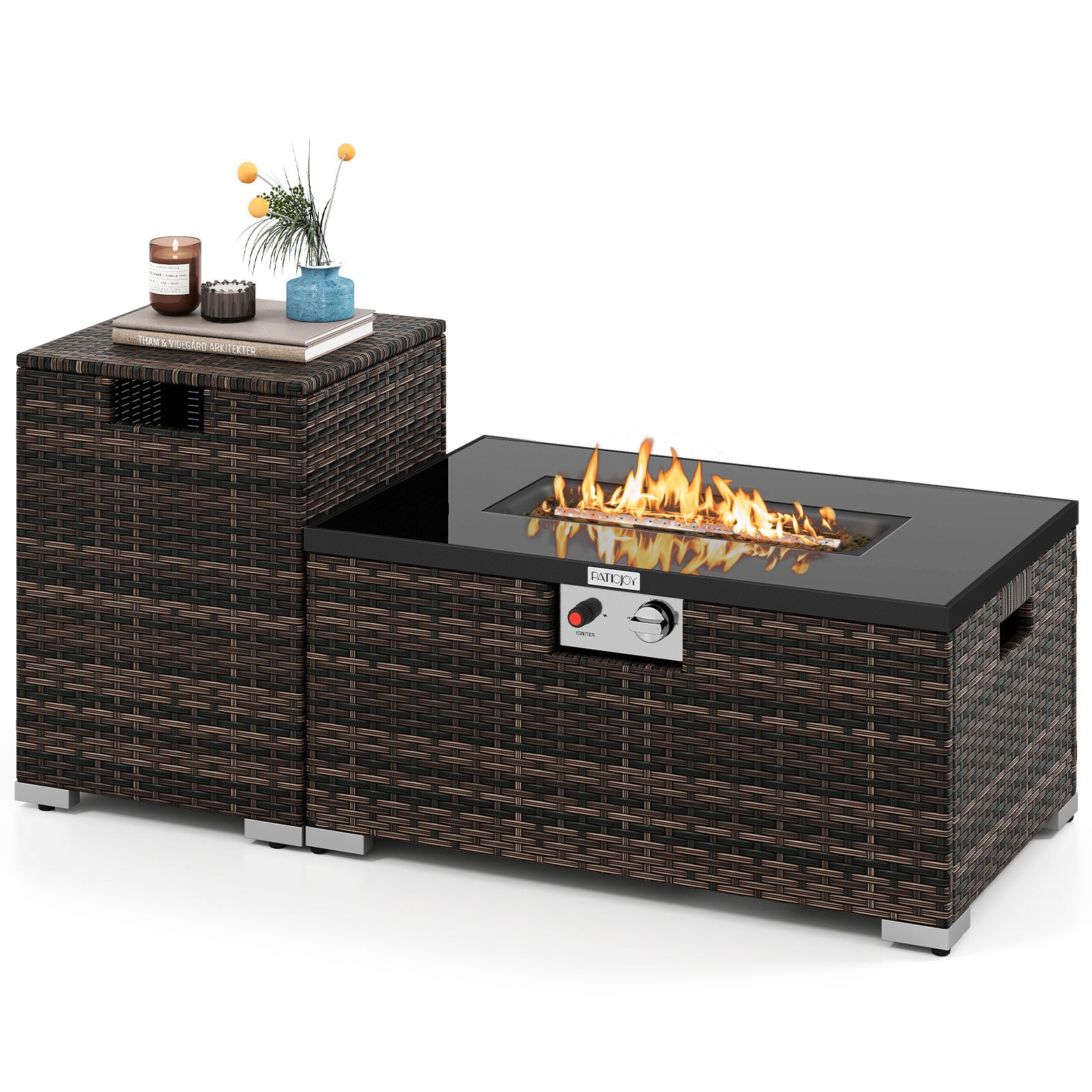 32 Inch Rectangle Gas Fire Table Set, 2-Piece Rattan, Brown Fire Pit Tables Brown at Gallery Canada