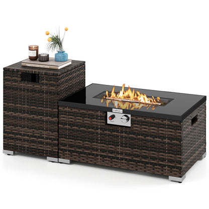 32 Inch Rectangle Gas Fire Table Set, 2-Piece Rattan, Brown Fire Pit Tables Brown at Gallery Canada
