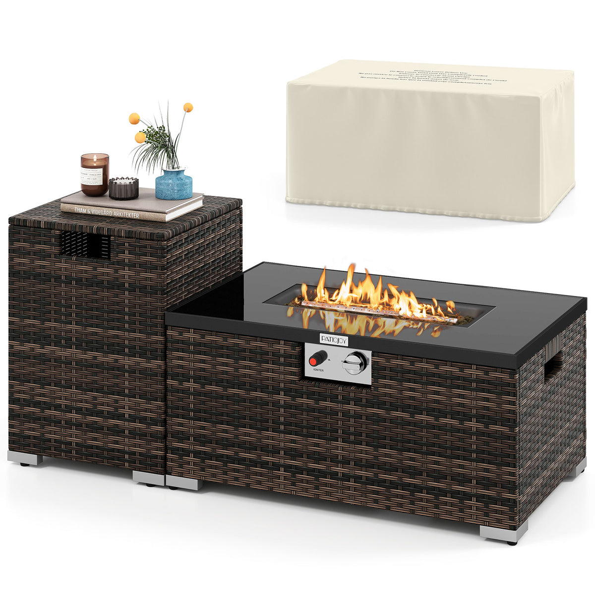 32 Inch Rectangle Gas Fire Table Set, 2-Piece Rattan, Brown Fire Pit Tables at Gallery Canada