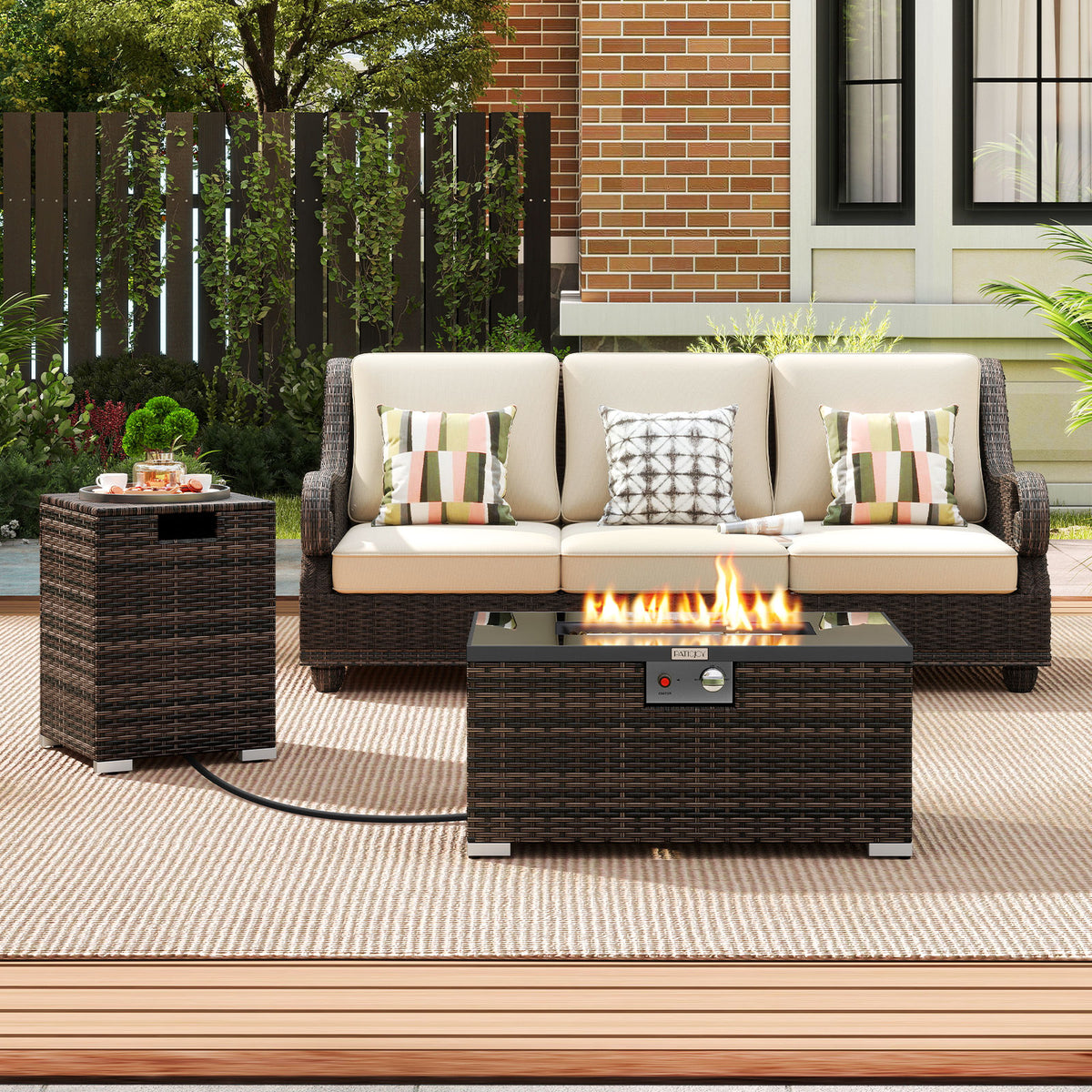 32 Inch Rectangle Gas Fire Table Set, 2-Piece Rattan, Brown Fire Pit Tables at Gallery Canada