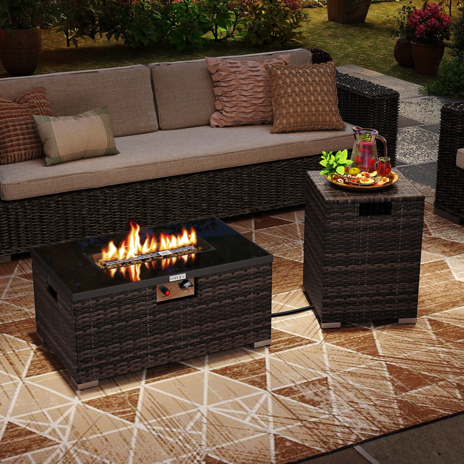 32 Inch Rectangle Gas Fire Table Set, 2-Piece Rattan, Brown Fire Pit Tables at Gallery Canada