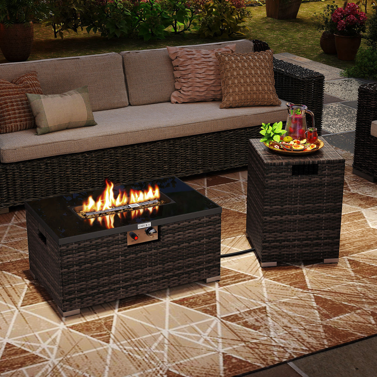 32 Inch Rectangle Gas Fire Table Set, 2-Piece Rattan, Brown Fire Pit Tables at Gallery Canada