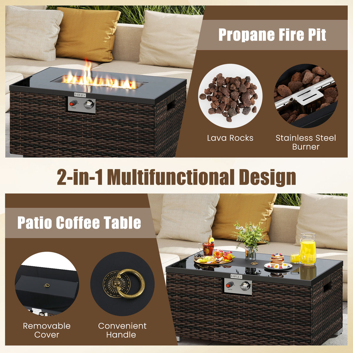 32 Inch Rectangle Gas Fire Table Set, 2-Piece Rattan, Brown Fire Pit Tables at Gallery Canada