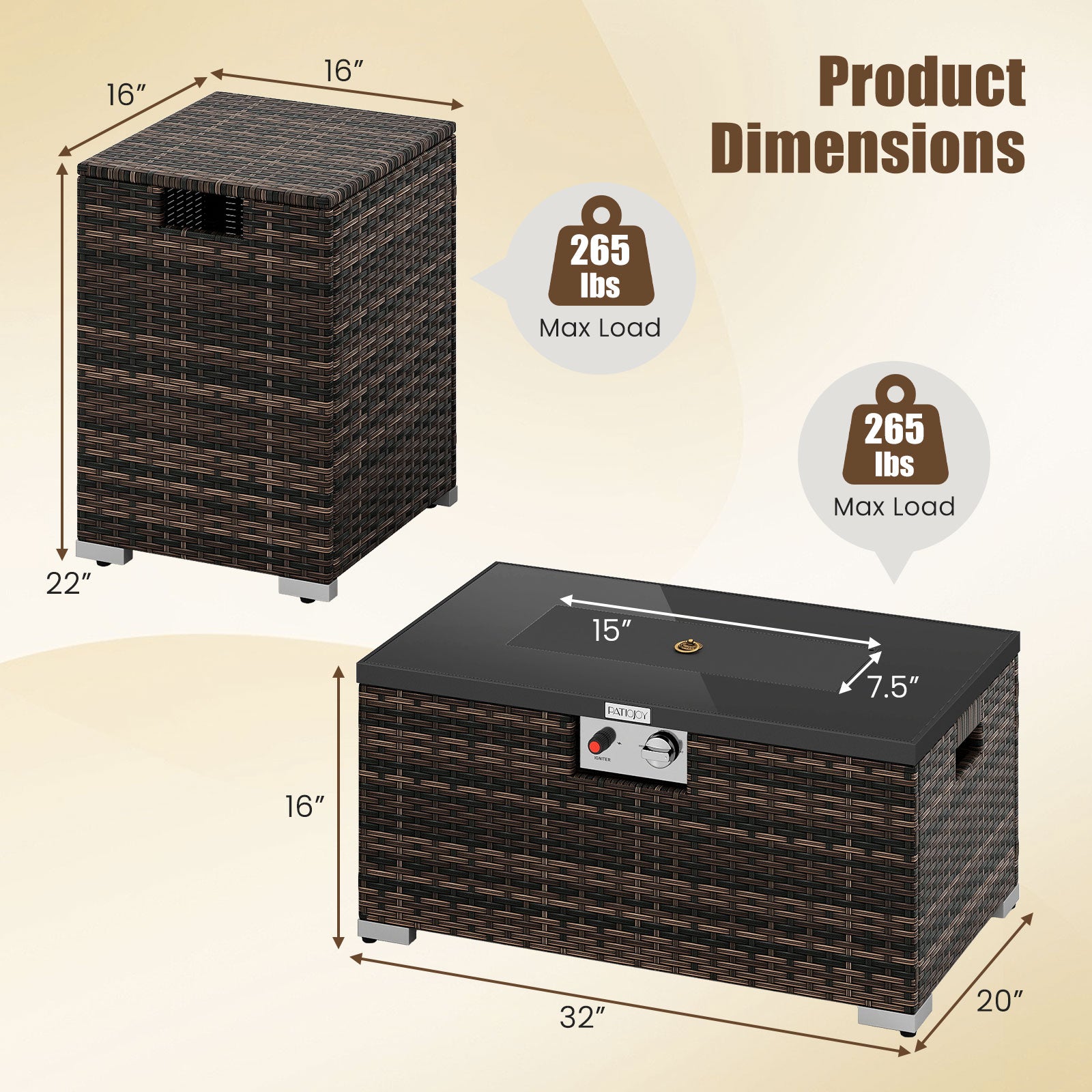 32 Inch Rectangle Gas Fire Table Set, 2-Piece Rattan, Brown Fire Pit Tables at Gallery Canada