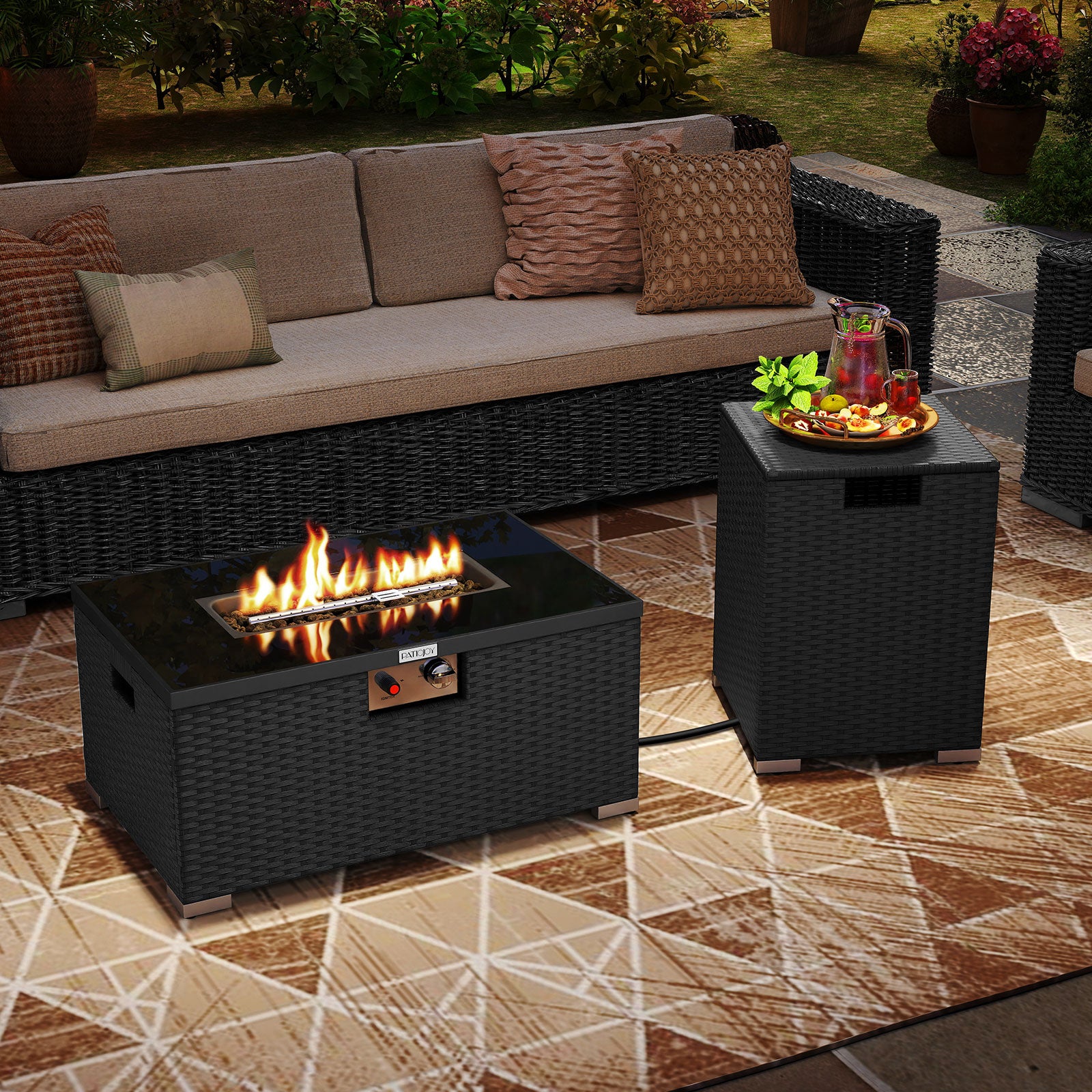 32 Inch Rectangle Gas Fire Table Set, 2-Piece Rattan Outdoor, Black Fire Pit Tables at Gallery Canada