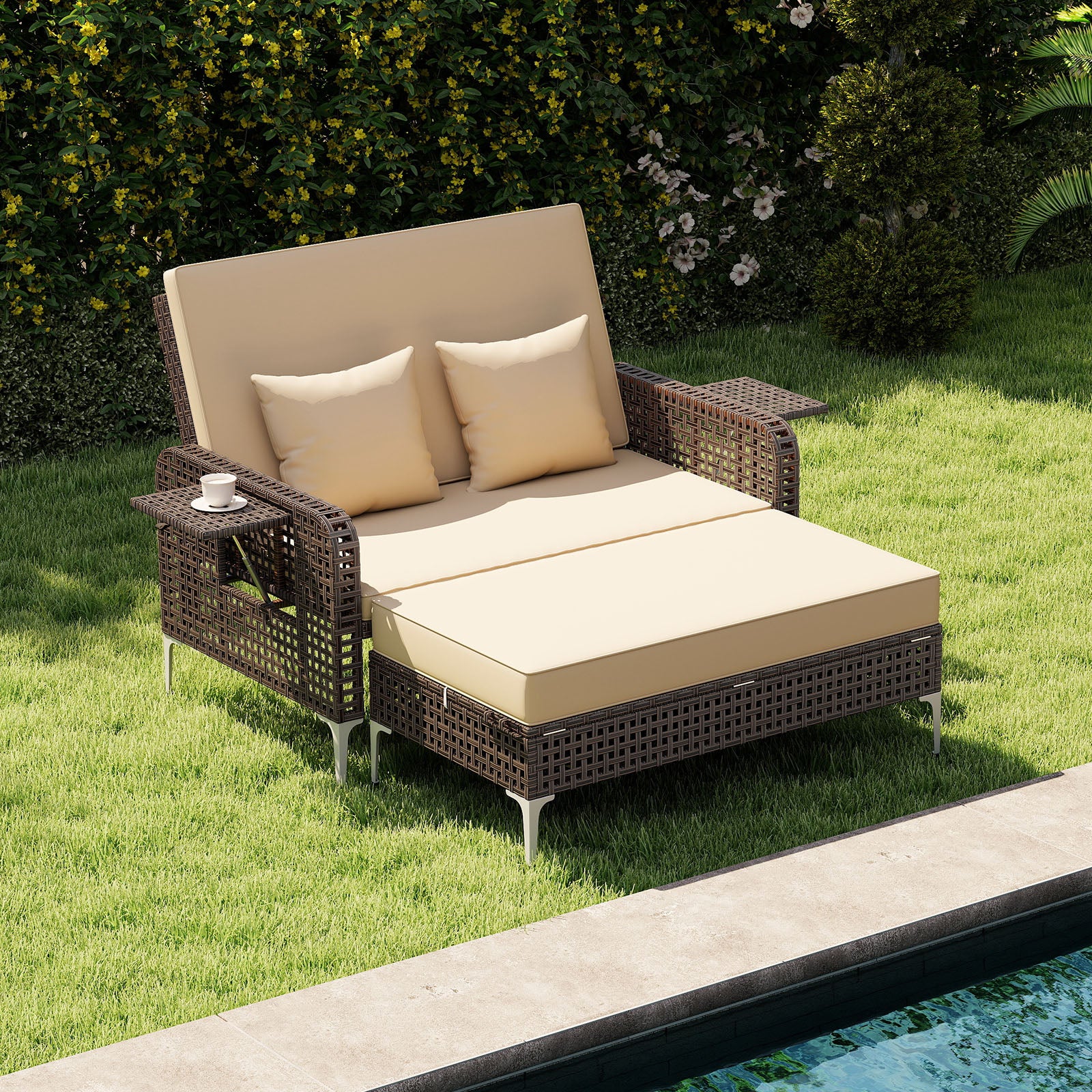 Patio Rattan Daybed Loveseat Ottoman, Adjustable Backrest, Brown Outdoor Sectionals at Gallery Canada