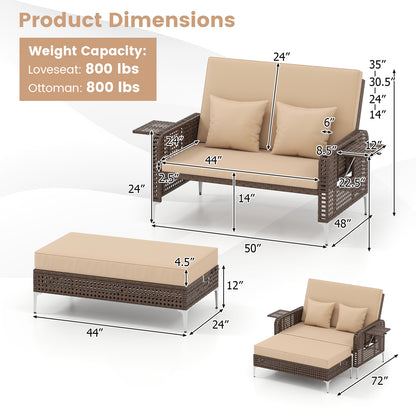 Patio Rattan Daybed Loveseat Ottoman, Adjustable Backrest, Brown Outdoor Sectionals at Gallery Canada