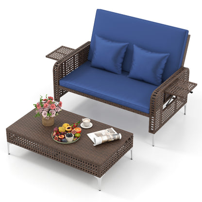 Patio Rattan Daybed Loveseat Ottoman, Adjustable Backrest, Navy Outdoor Sectionals at Gallery Canada