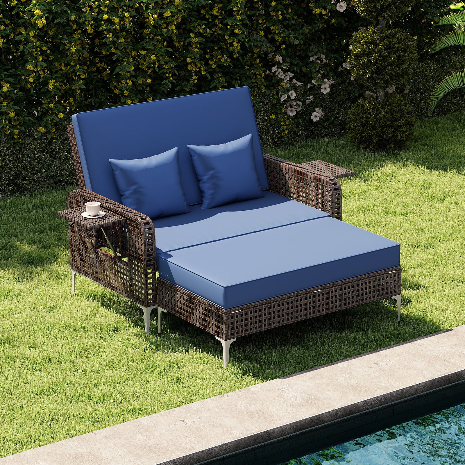 Patio Rattan Daybed Loveseat Ottoman, Adjustable Backrest, Navy Outdoor Sectionals at Gallery Canada