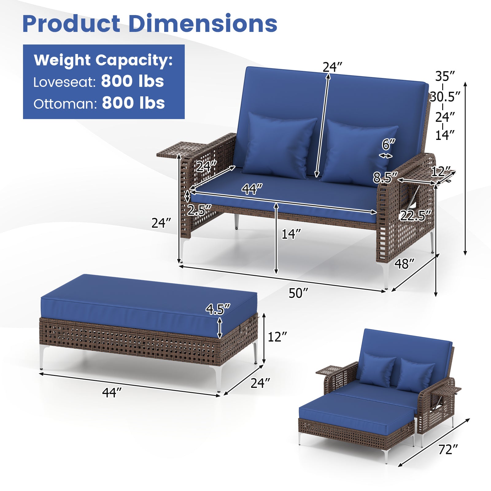 Patio Rattan Daybed Loveseat Ottoman, Adjustable Backrest, Navy Outdoor Sectionals at Gallery Canada