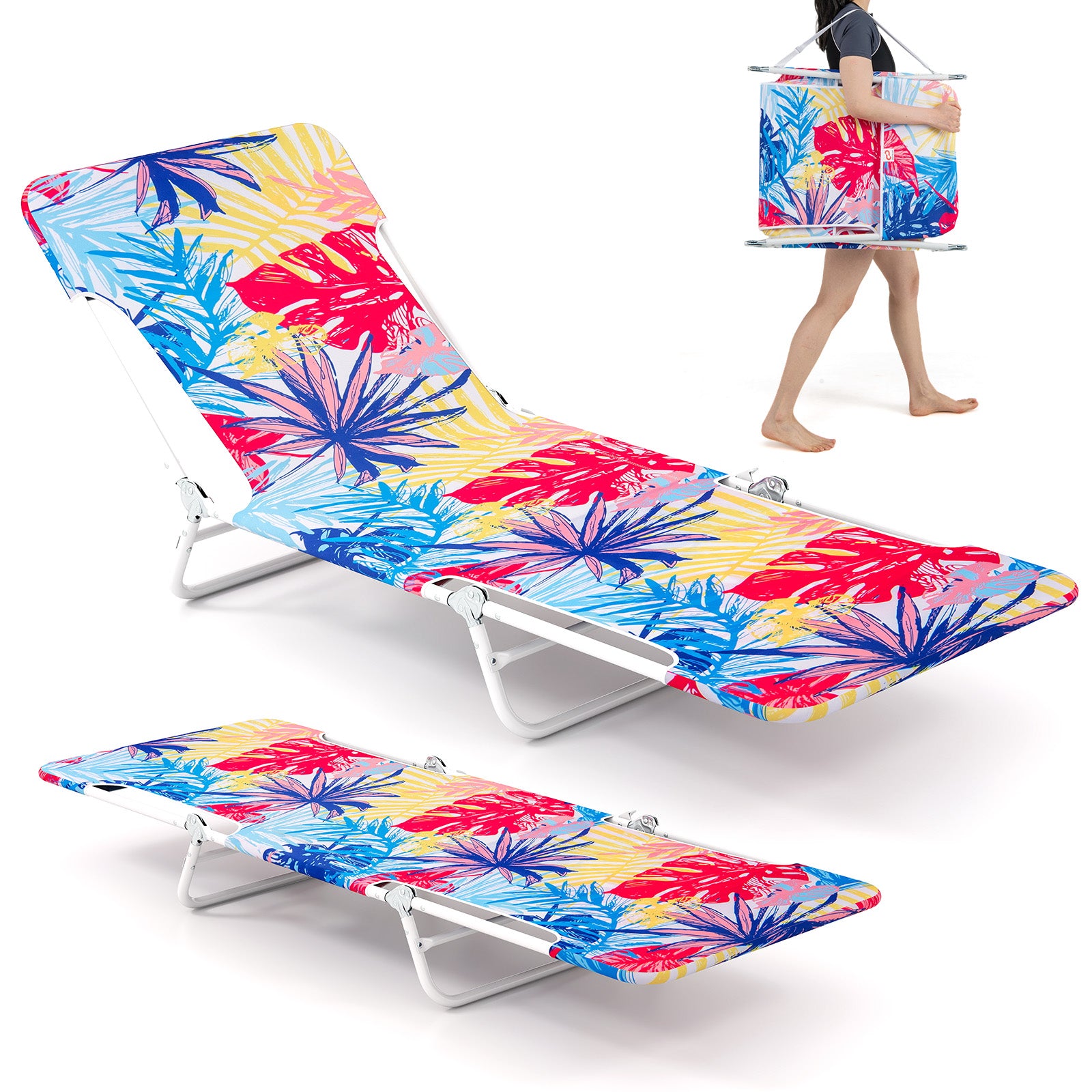 2 Pieces 5-position Lay Flat Beach Recliner with Carry Strap and Metal Frame, Pink Beach & Lawn Chairs at Gallery Canada