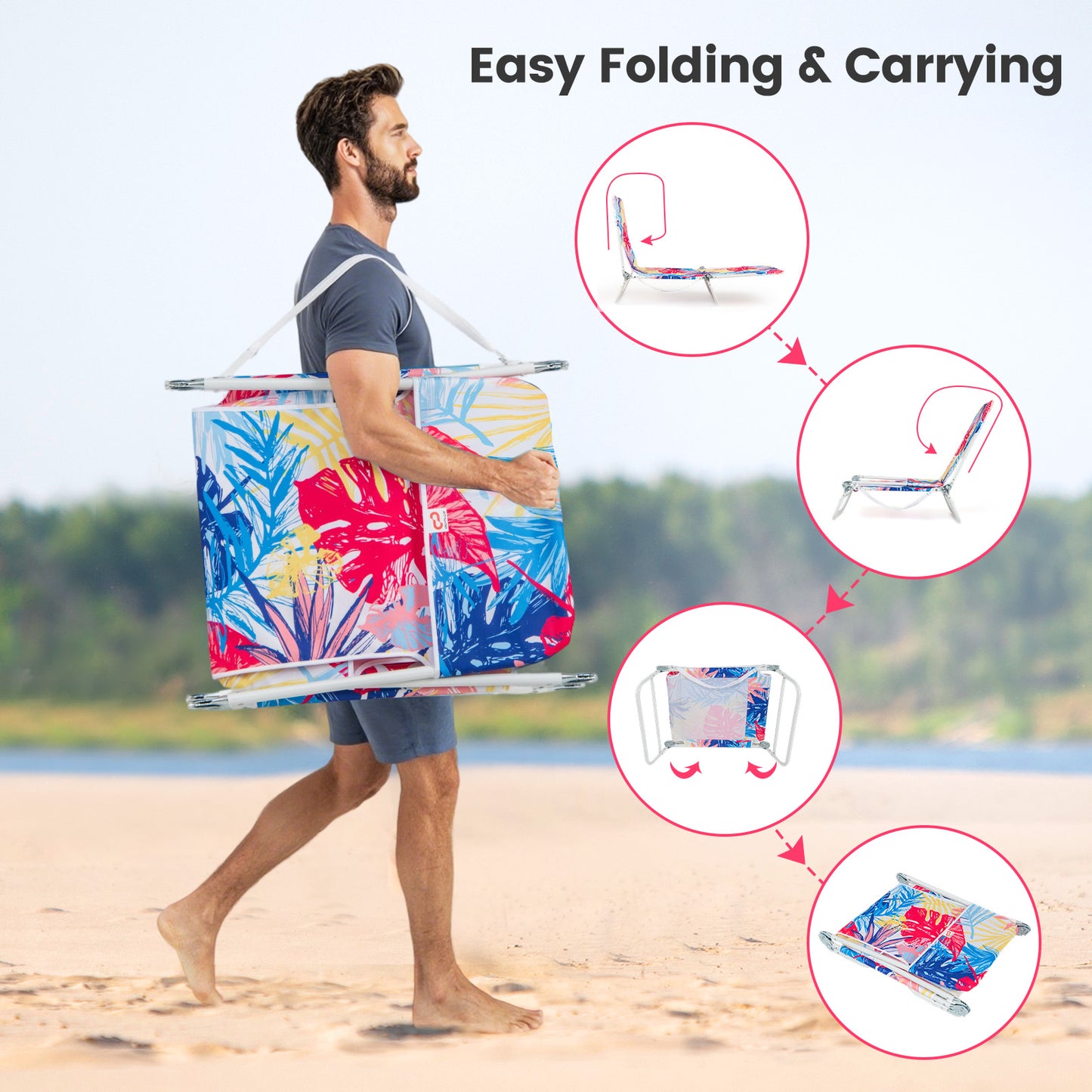 2 Pieces 5-position Lay Flat Beach Recliner with Carry Strap and Metal Frame, Pink Beach & Lawn Chairs at Gallery Canada