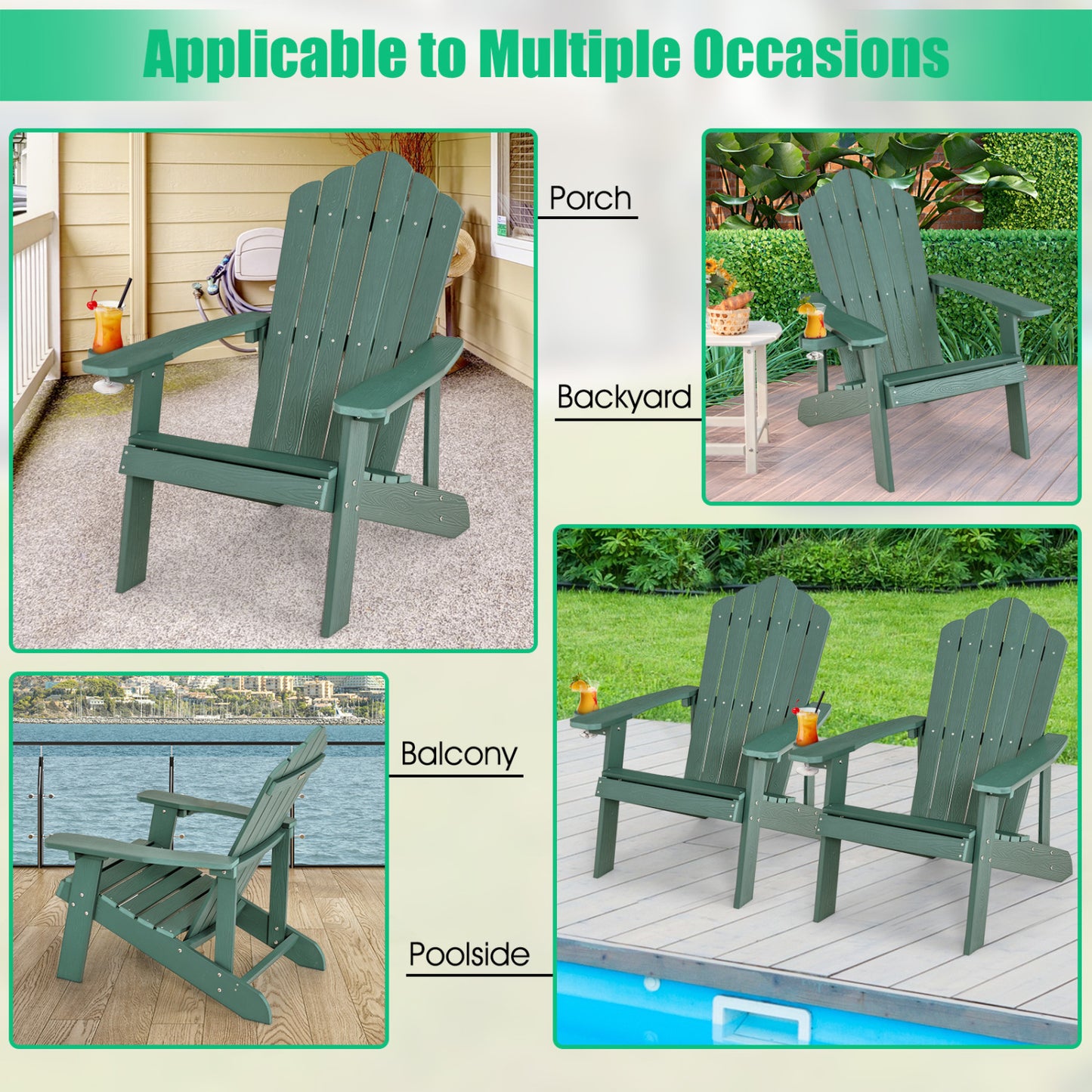 2 Pieces Adirondack Chair Set with Ergonomic Design for Porch and Backyard, Green Adirondack Chairs at Gallery Canada
