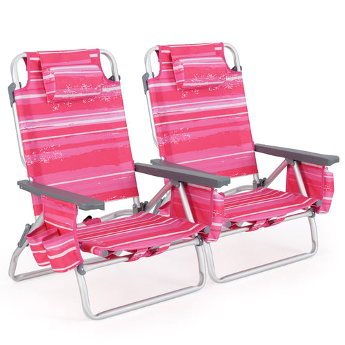 Folding Backpack Beach Chair With Pillow, 2 Pieces, Red & White