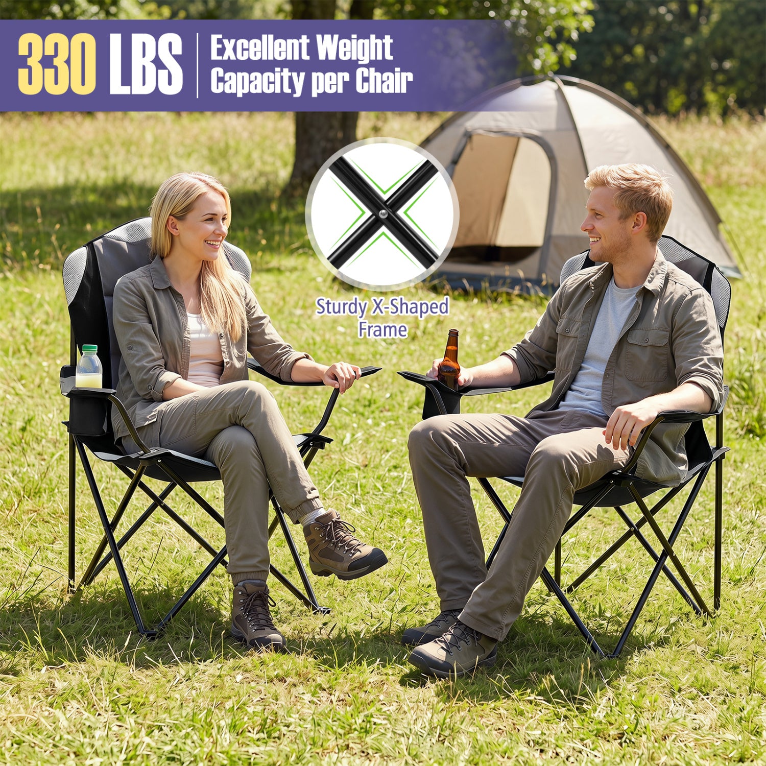 Folding Camping Chairs for Adults with Cup Holders, 2-Piece, Black Beach & Lawn Chairs at Gallery Canada