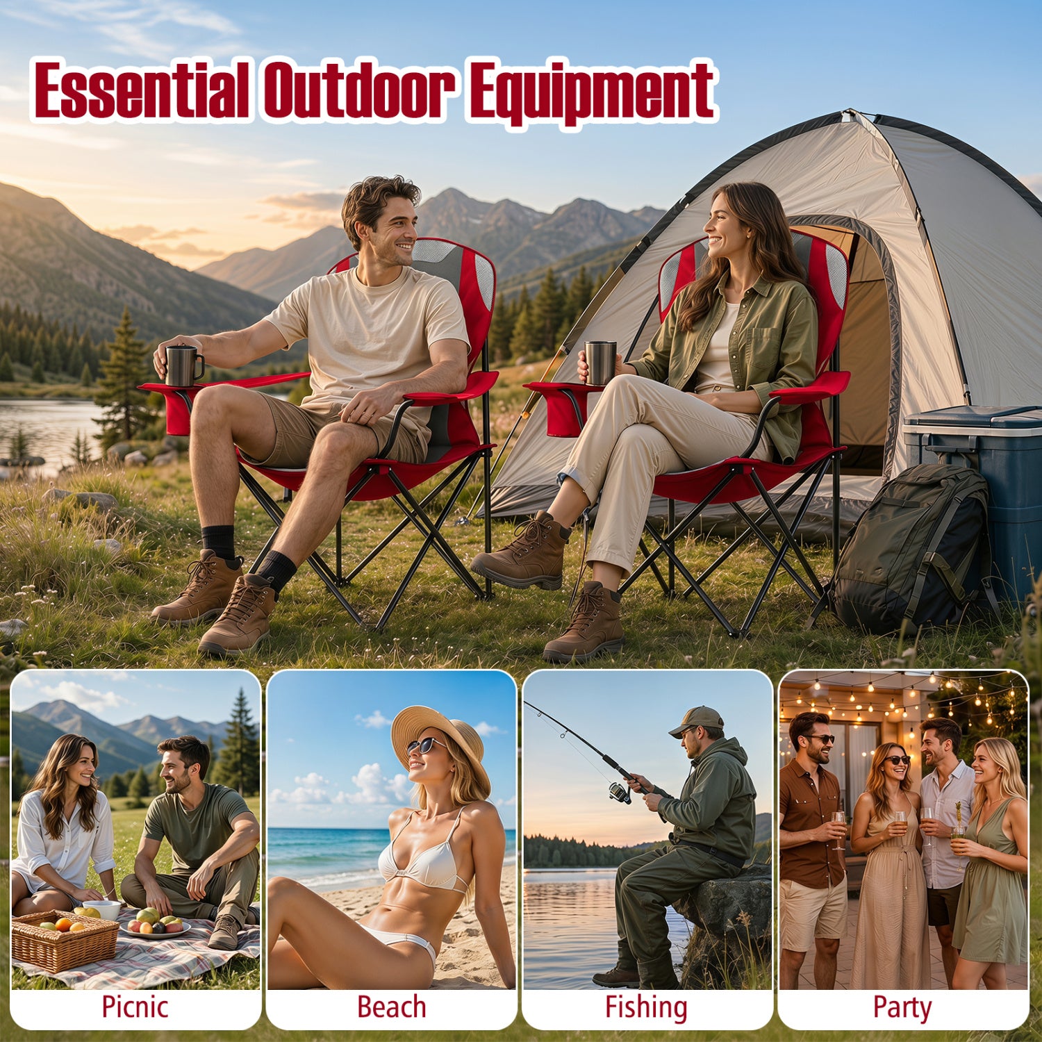 2 Folding Camping Chairs With Cup Holders, Red Beach & Lawn Chairs at Gallery Canada