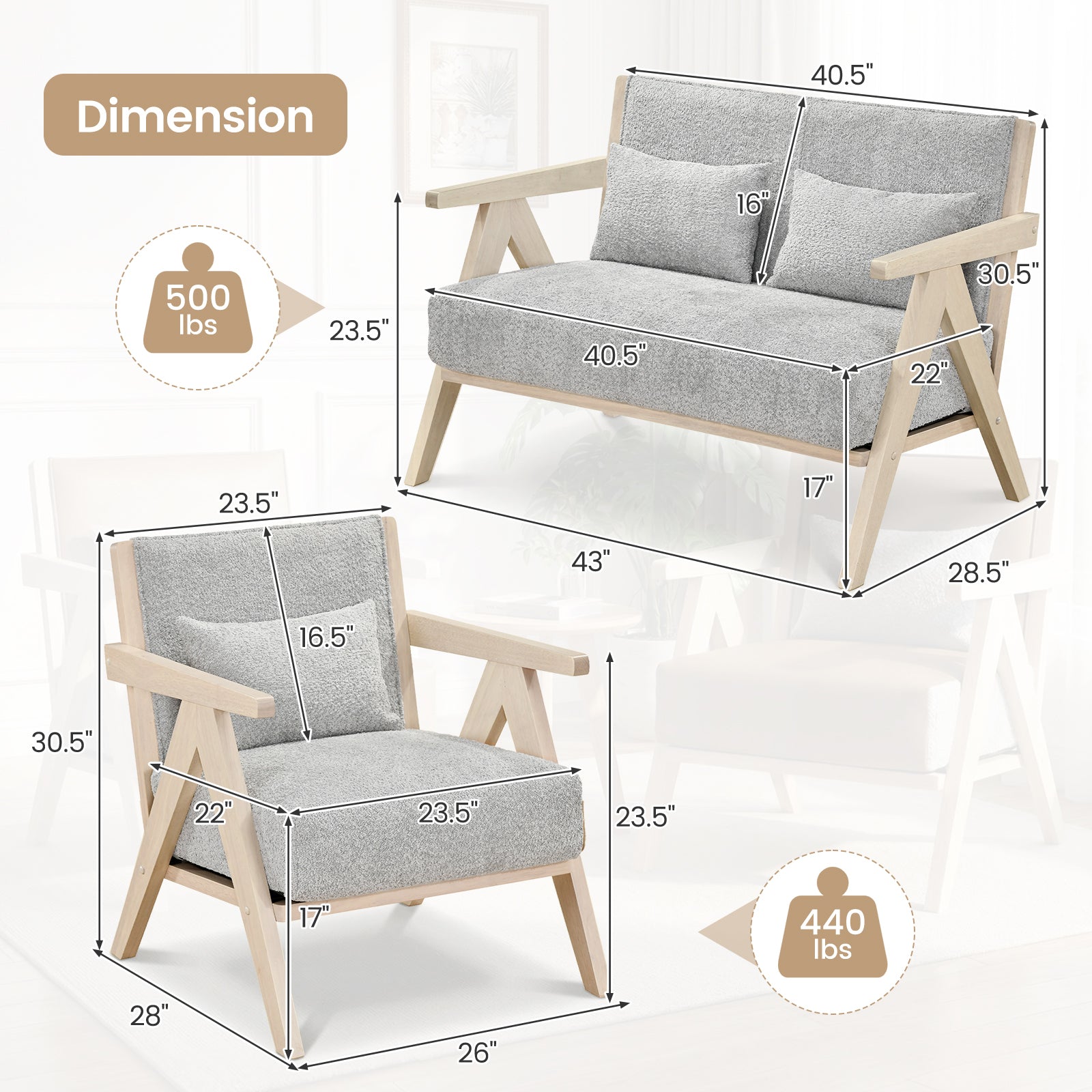 2 Piece Living Room Furniture Set, Rubber Wood Frame, Gray Sofas & Loveseats at Gallery Canada