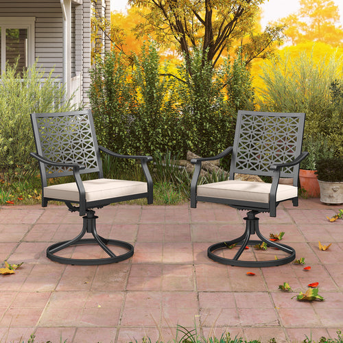 2 Outdoor Swivel Dining Chairs, Padded Cushions, Beige