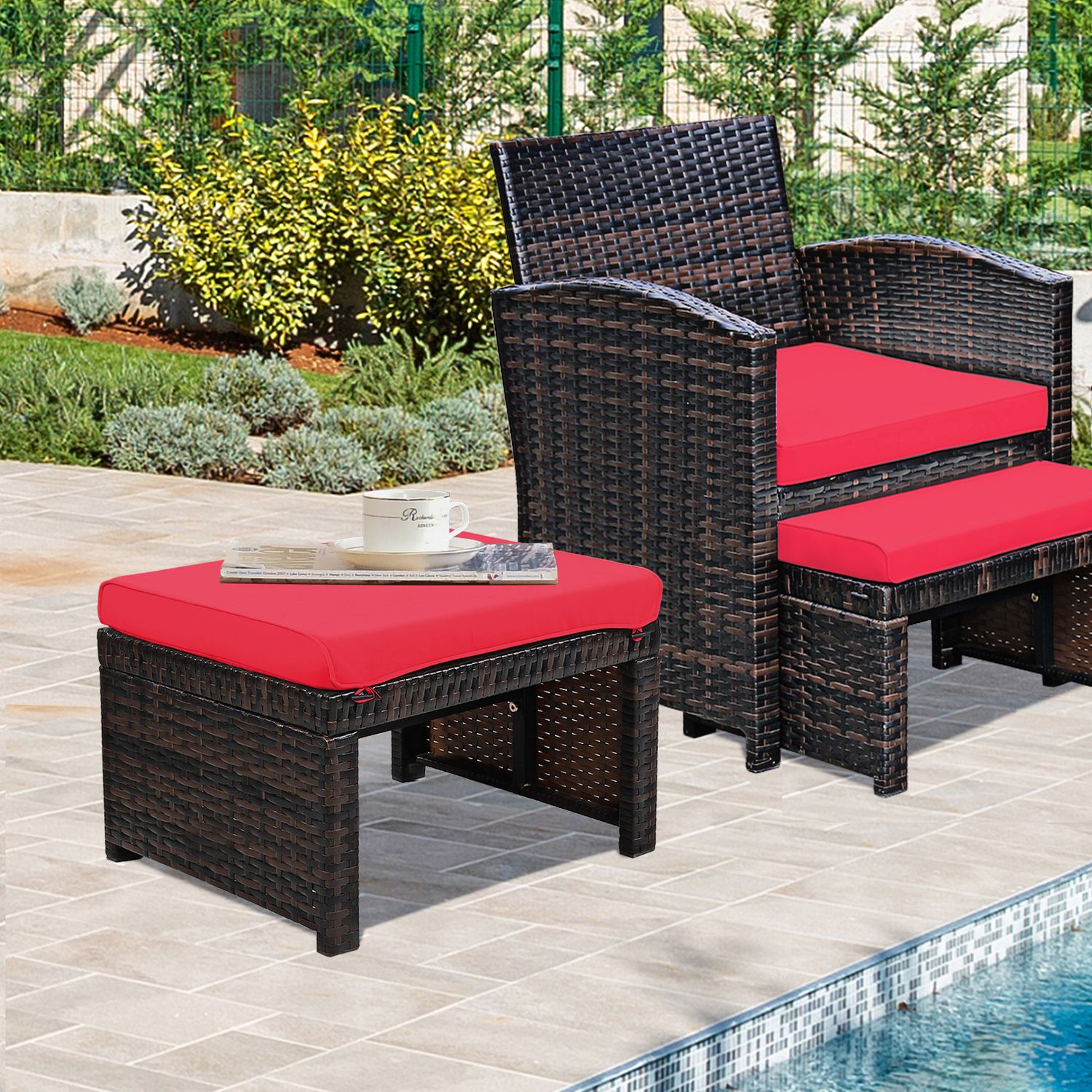2 Pieces Patio Rattan Ottomans, Red Outdoor Seating & Patio Chairs at Gallery Canada