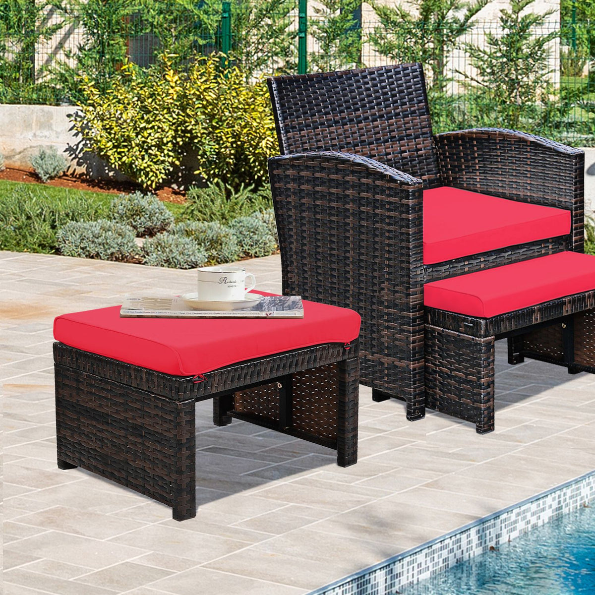 2 Pieces Patio Rattan Ottomans, Red Outdoor Seating & Patio Chairs at Gallery Canada