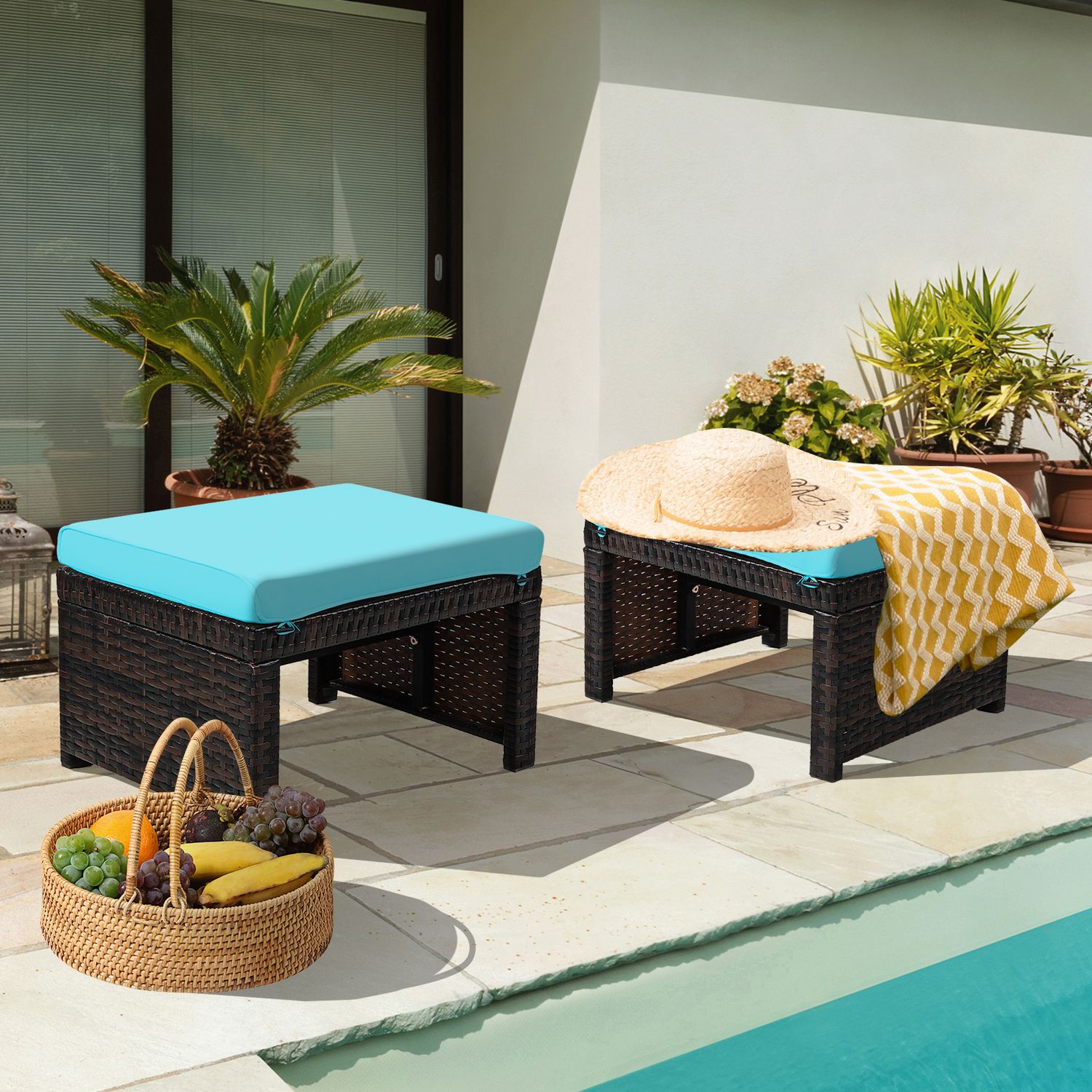 2 Pieces Rattan Ottomans, Soft Cushion, Turquoise Outdoor Seating & Patio Chairs at Gallery Canada