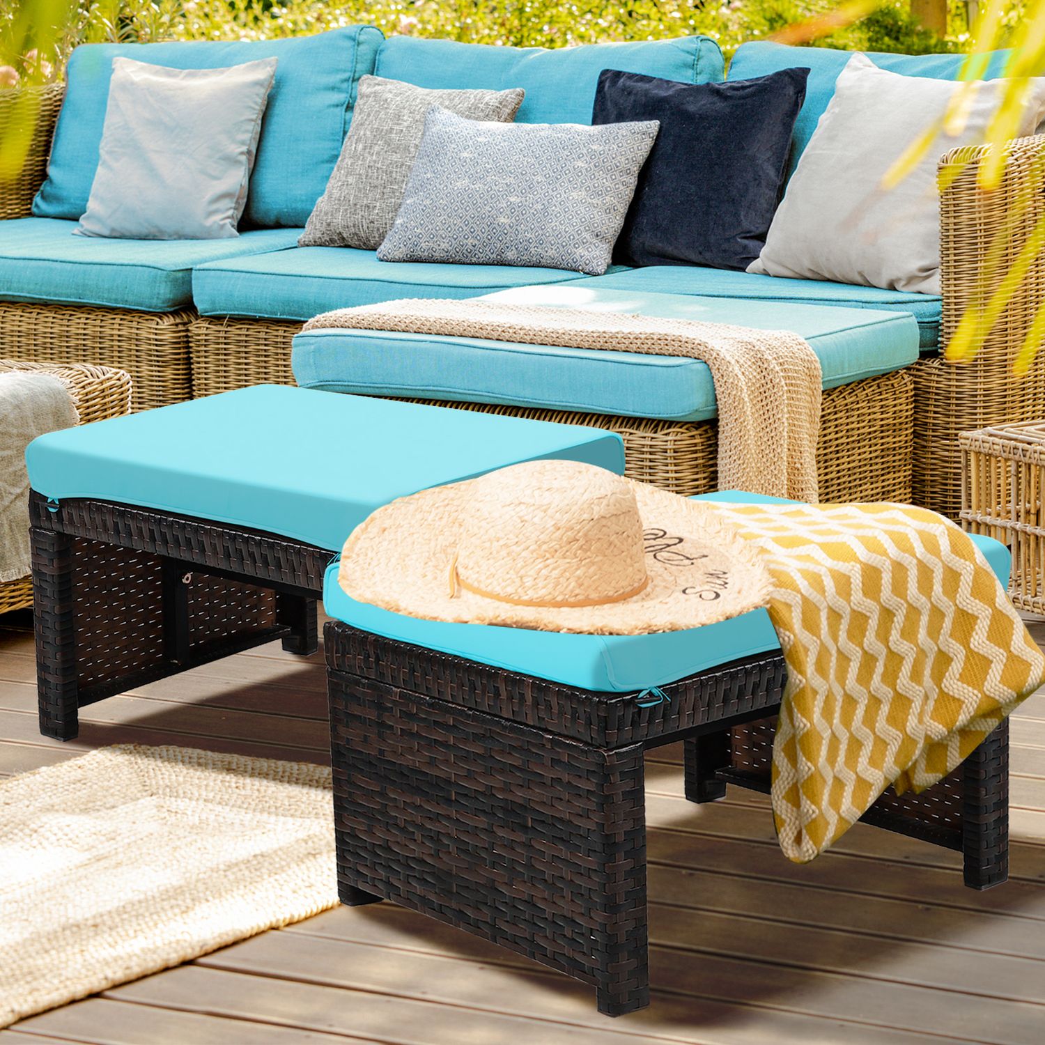 2 Pieces Rattan Ottomans, Soft Cushion, Turquoise Outdoor Seating & Patio Chairs at Gallery Canada