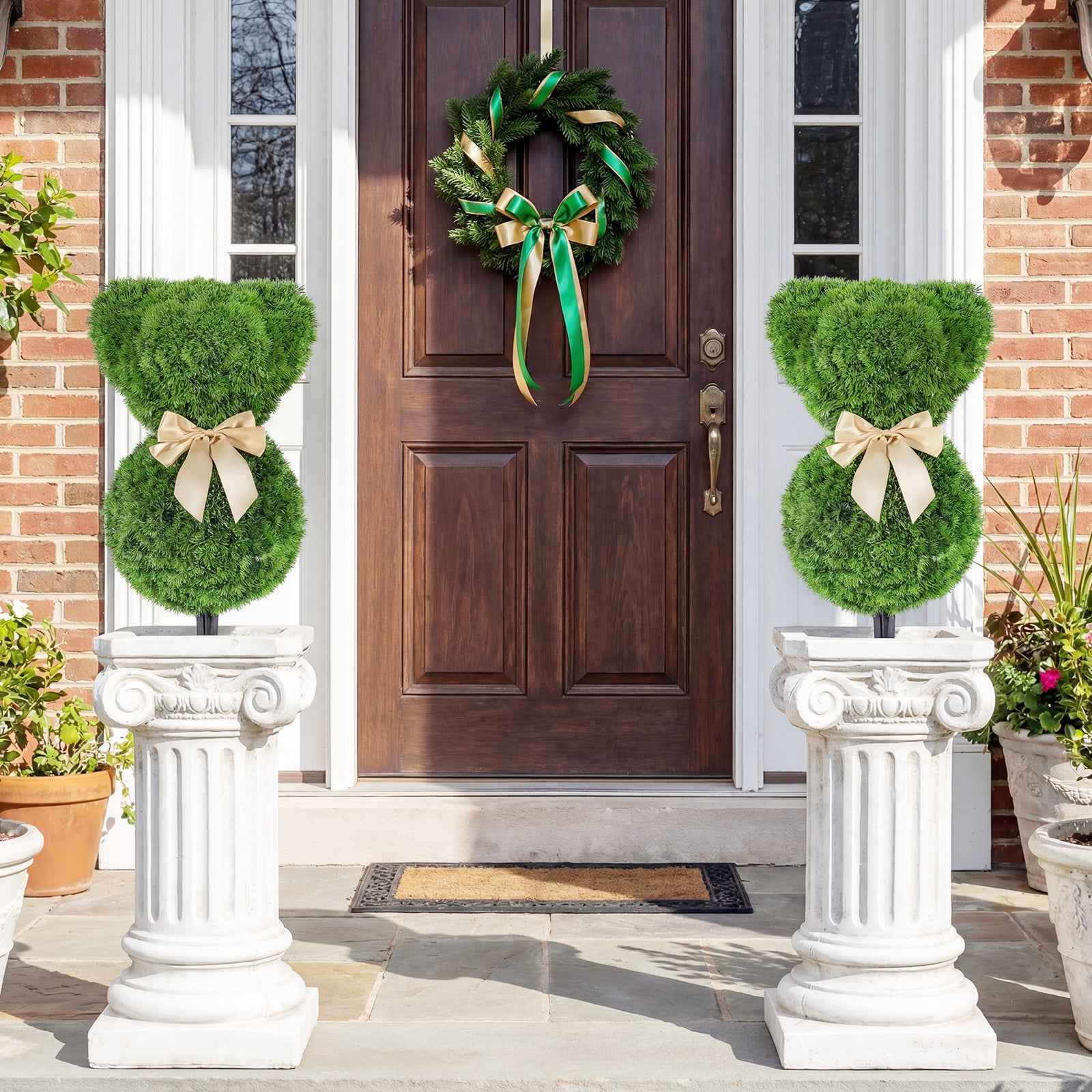 2 Teddy Bear Topiary Trees, Sun-Resistant Faux Boxwood Plants With Bowknot Faux Plants at Gallery Canada