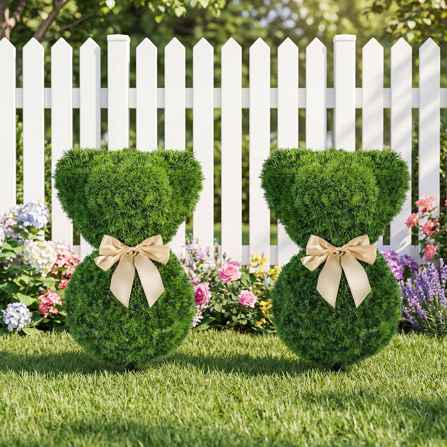 2 Teddy Bear Topiary Trees, Sun-Resistant Faux Boxwood Plants With Bowknot Faux Plants at Gallery Canada