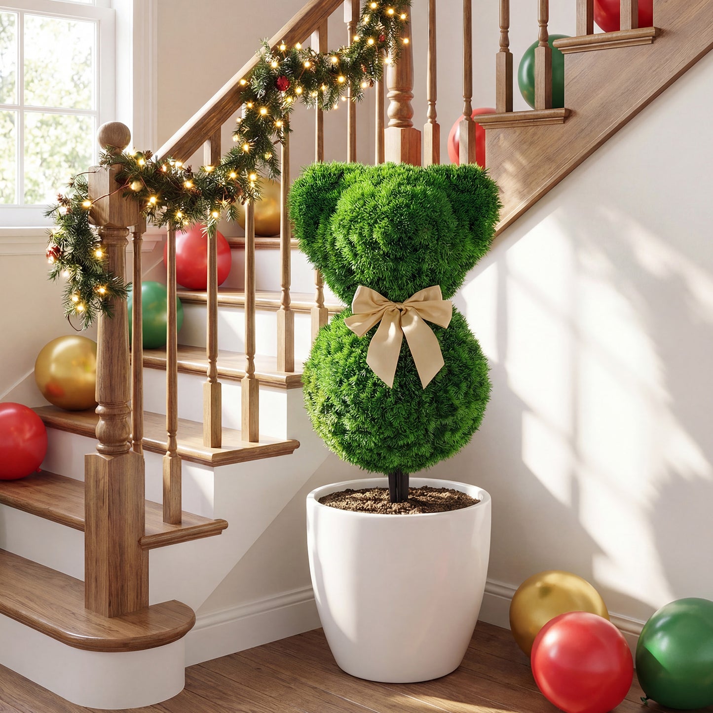 2 Teddy Bear Topiary Trees, Sun-Resistant Faux Boxwood Plants With Bowknot Faux Plants at Gallery Canada
