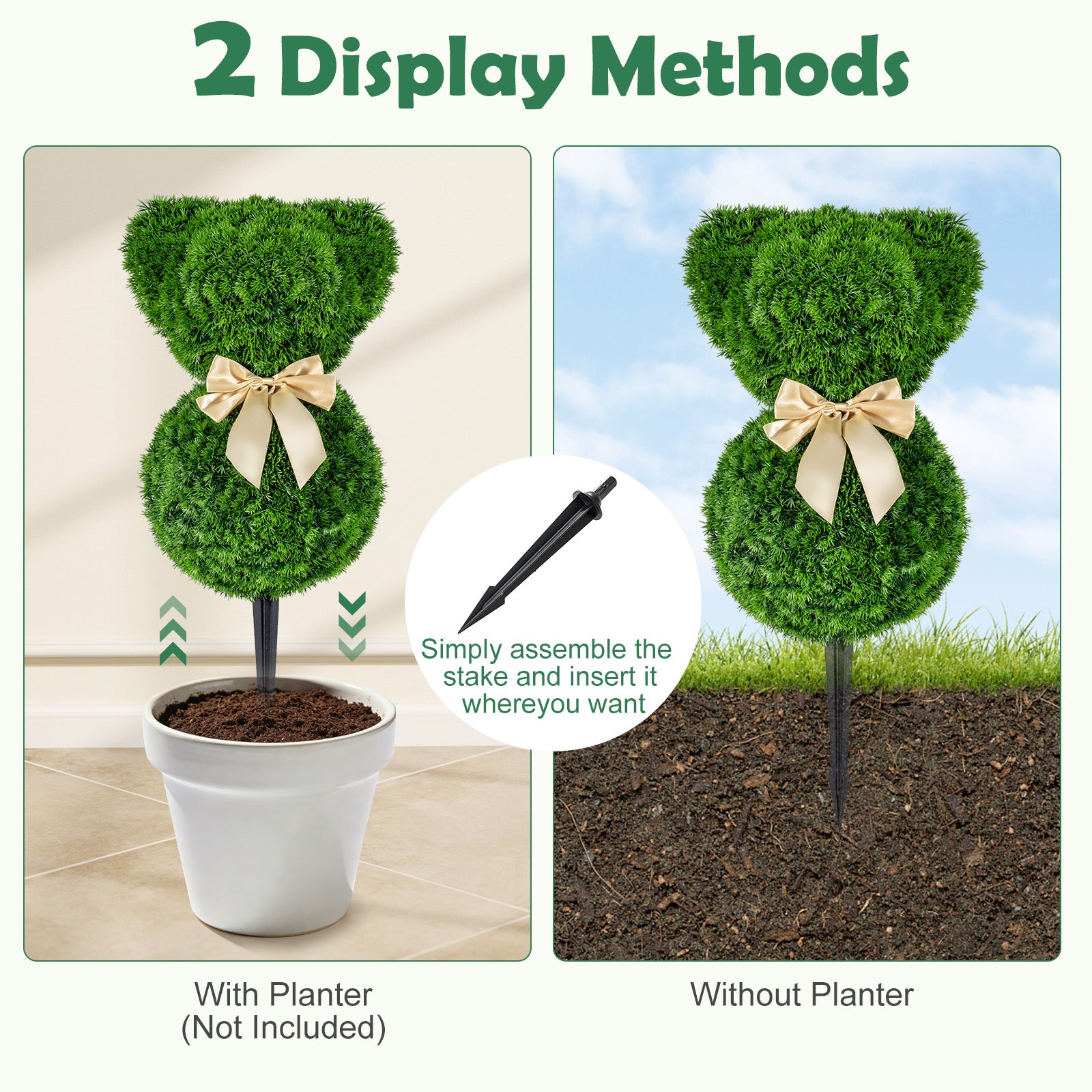 2 Teddy Bear Topiary Trees, Sun-Resistant Faux Boxwood Plants With Bowknot Faux Plants at Gallery Canada