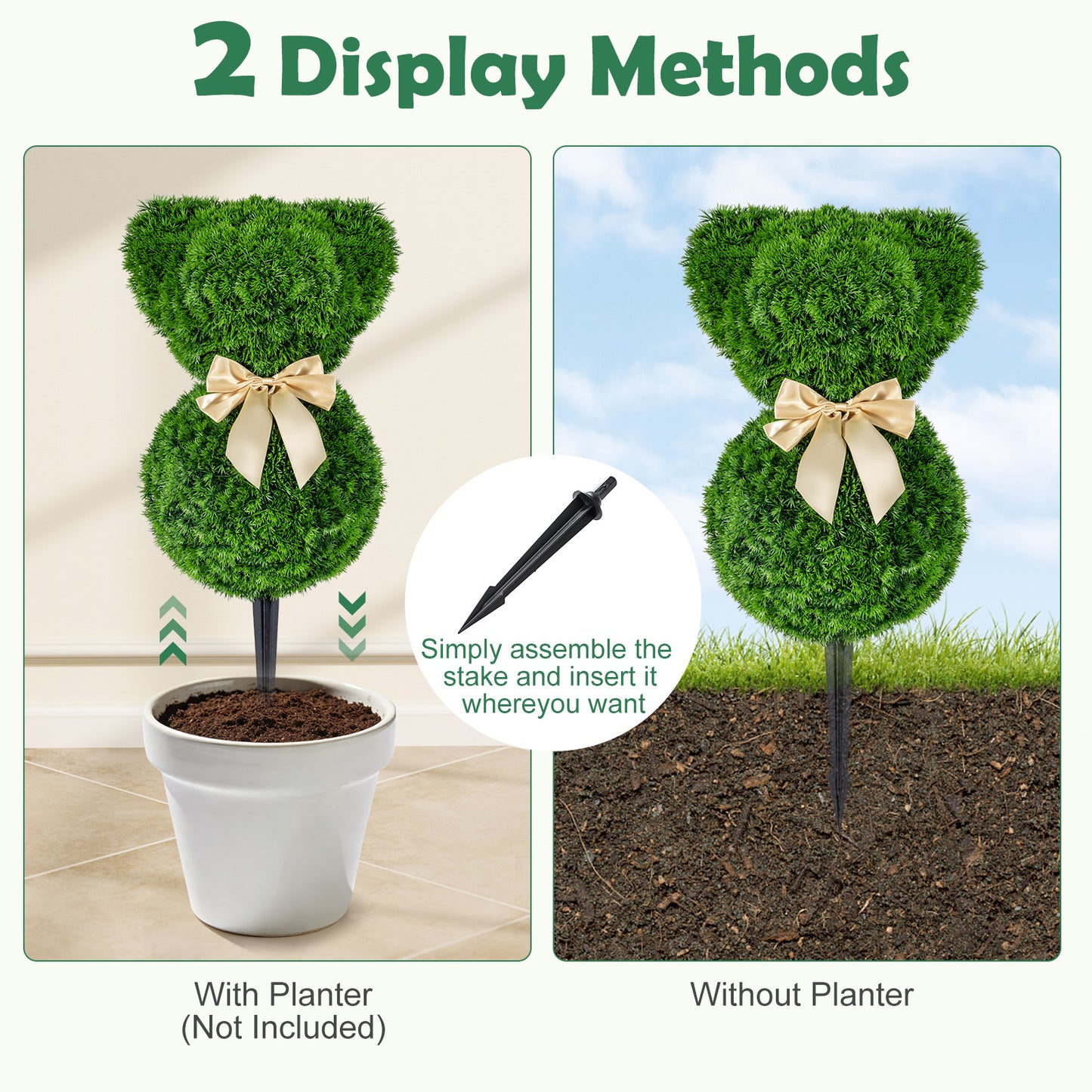 2 Teddy Bear Topiary Trees, Sun-Resistant Faux Boxwood Plants With Bowknot Faux Plants at Gallery Canada