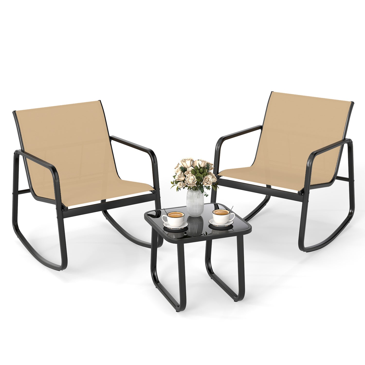 2 Rocking Bistro Chairs with Glass-Top Table, Brown Patio Conversation Sets Brown at Gallery Canada
