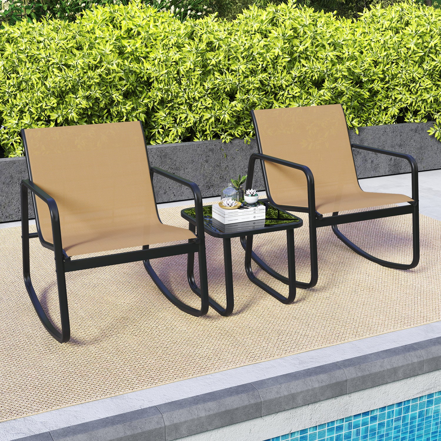 2 Rocking Bistro Chairs with Glass-Top Table, Brown Patio Conversation Sets at Gallery Canada