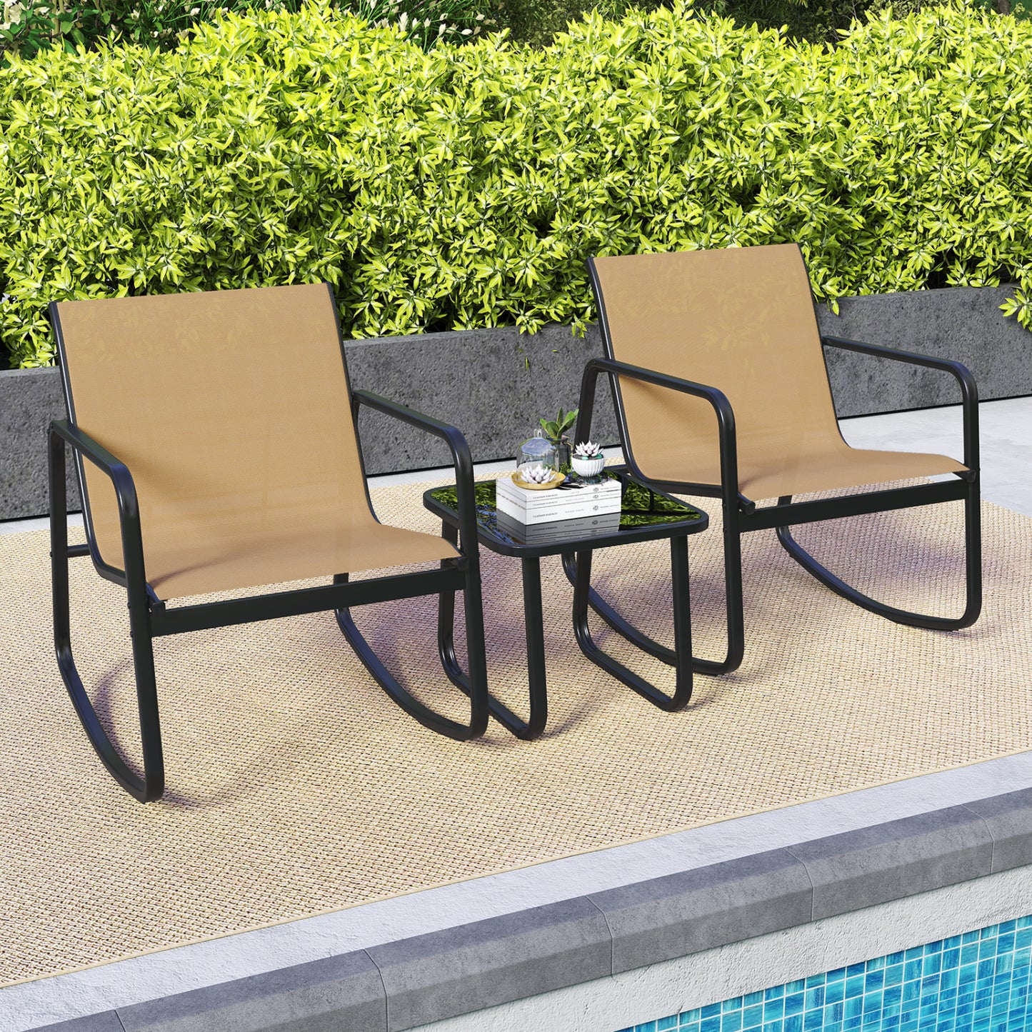 2 Rocking Bistro Chairs with Glass-Top Table, Brown Patio Conversation Sets at Gallery Canada