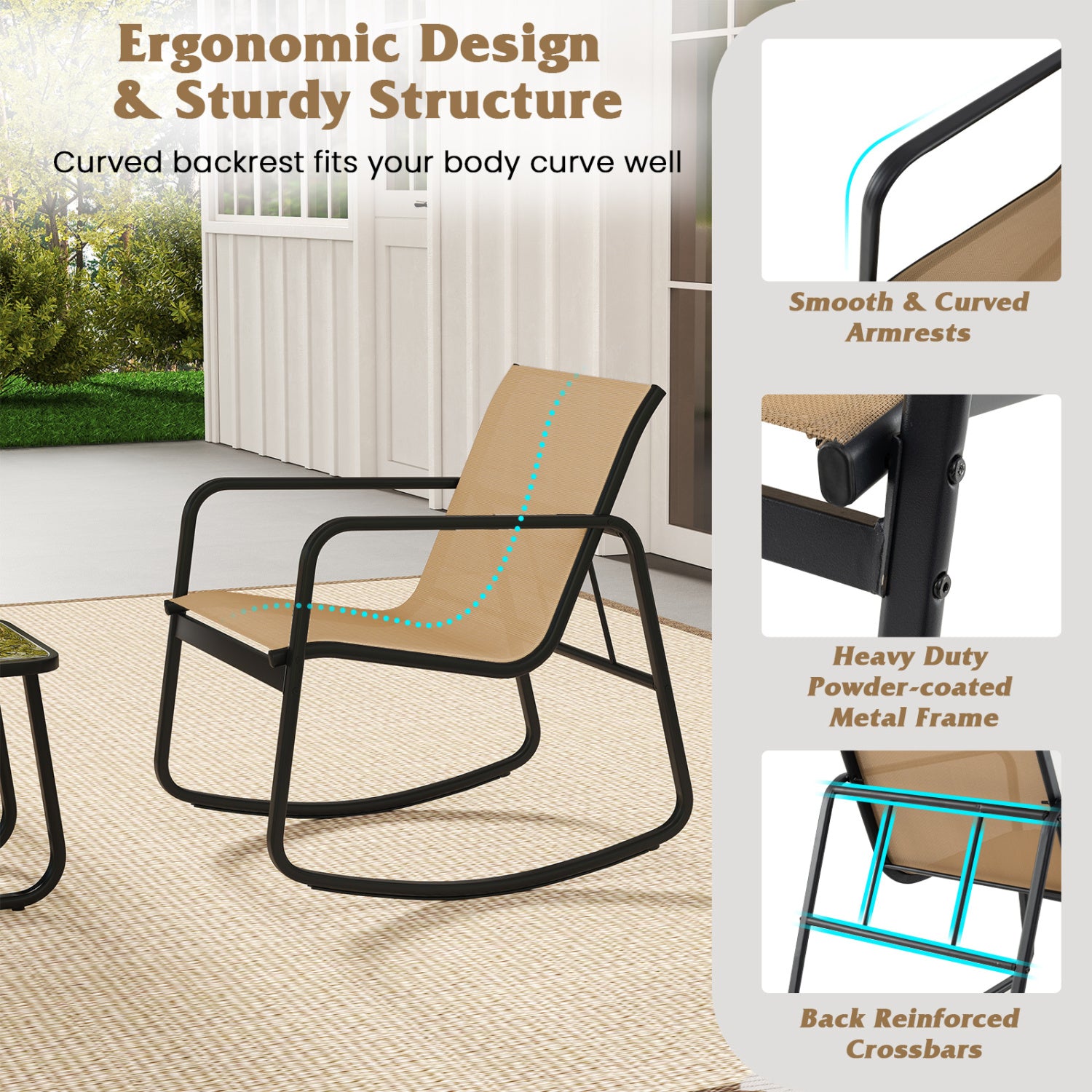2 Rocking Bistro Chairs with Glass-Top Table, Brown Patio Conversation Sets at Gallery Canada