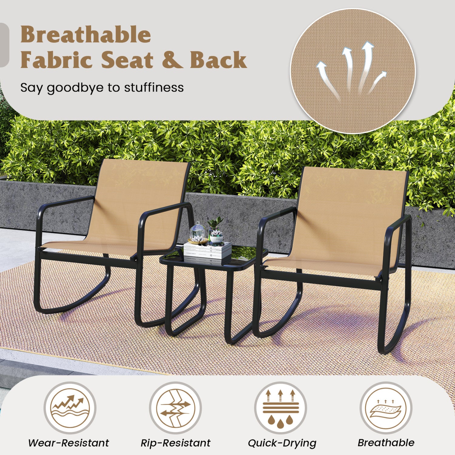 2 Rocking Bistro Chairs with Glass-Top Table, Brown Patio Conversation Sets at Gallery Canada