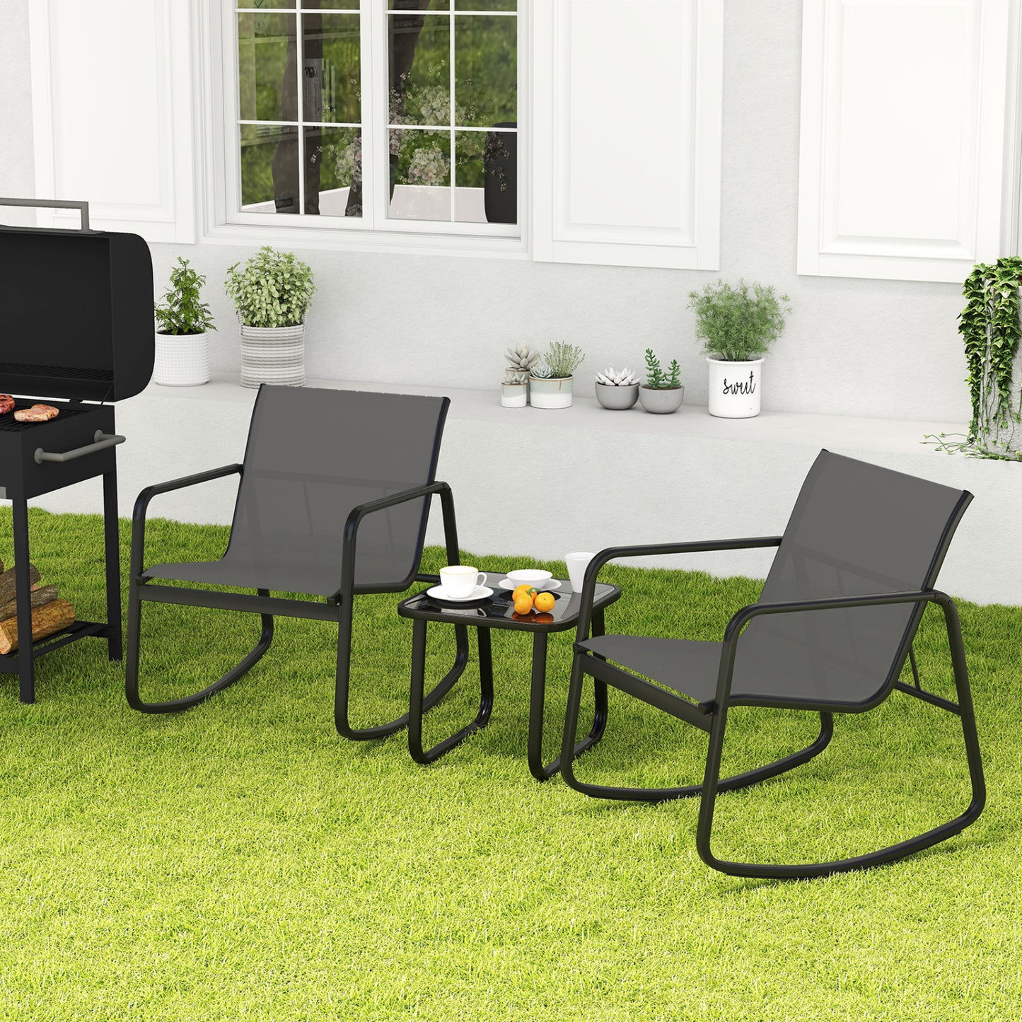 Rocking Bistro Chairs & Glass Table, Gray