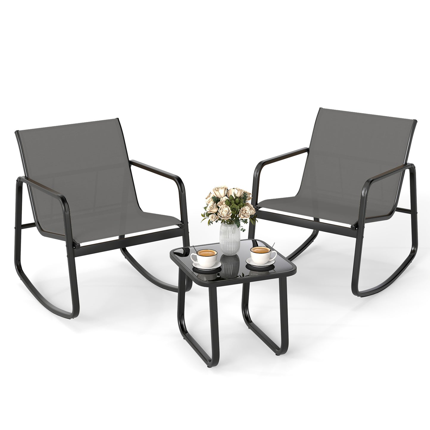 Rocking Bistro Chairs & Glass Table, Gray
