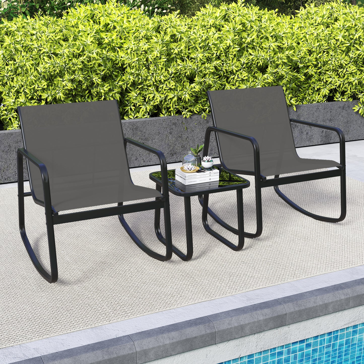 Rocking Bistro Chairs & Glass Table, Gray