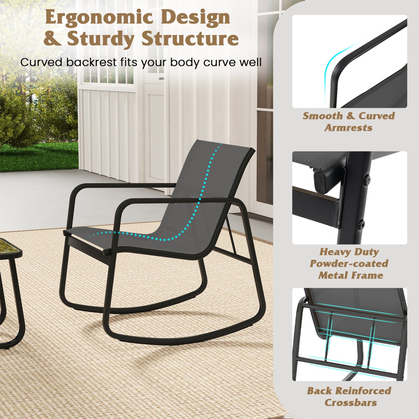 Rocking Bistro Chairs & Glass Table, Gray