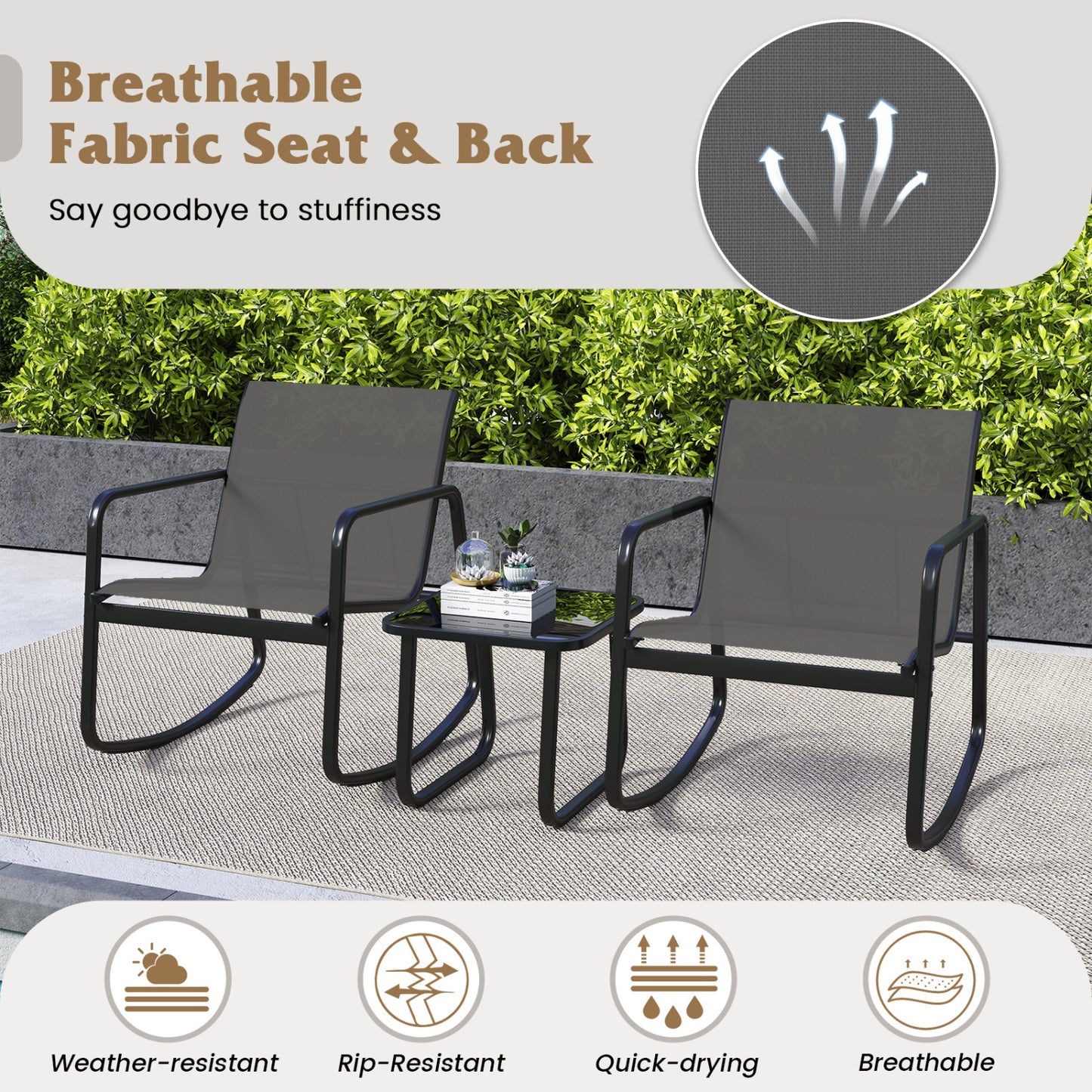 Rocking Bistro Chairs & Glass Table, Gray