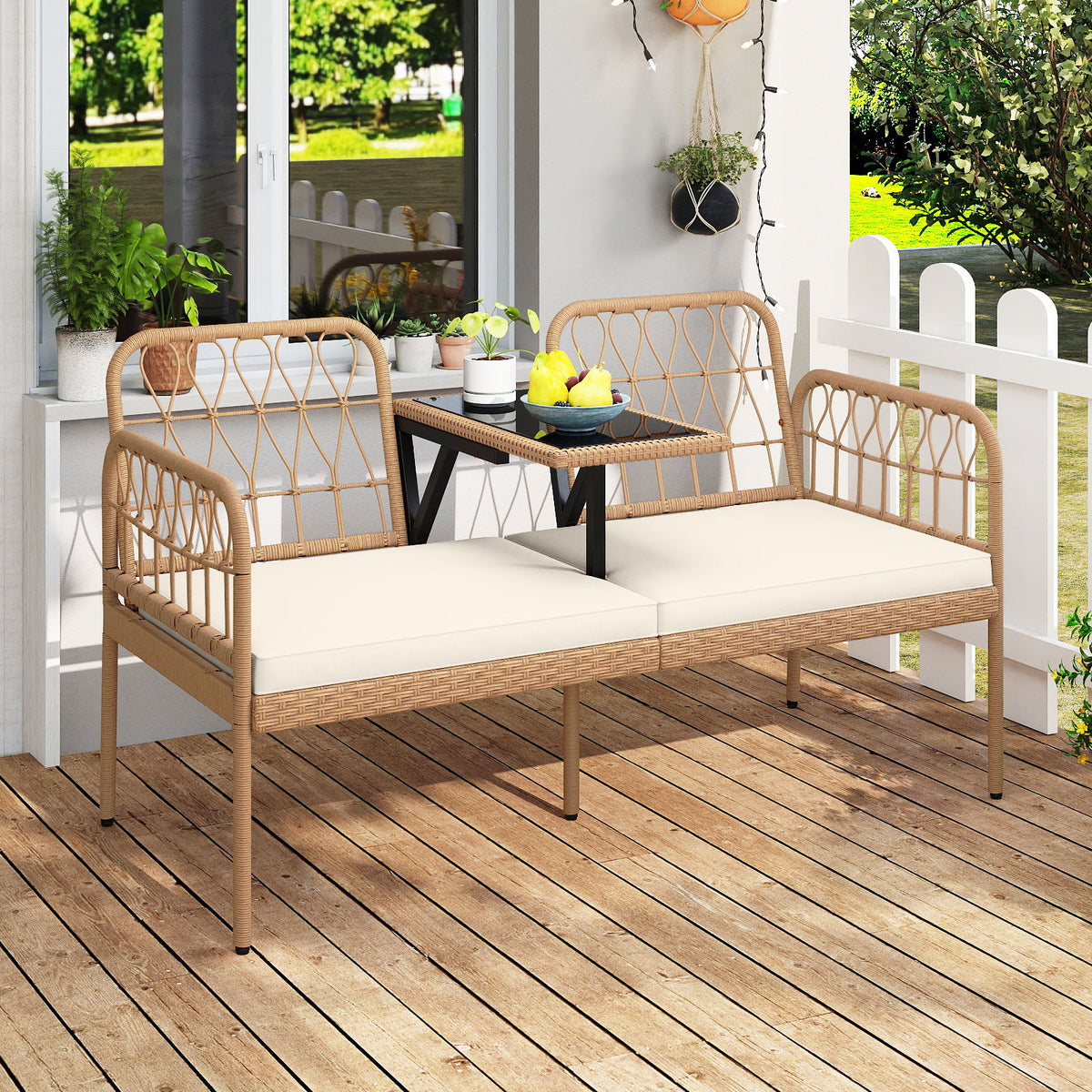 2-Seat PE Rattan Outdoor Loveseat with Built-in Coffee Table and Soft Cushions, White Outdoor Benches at Gallery Canada
