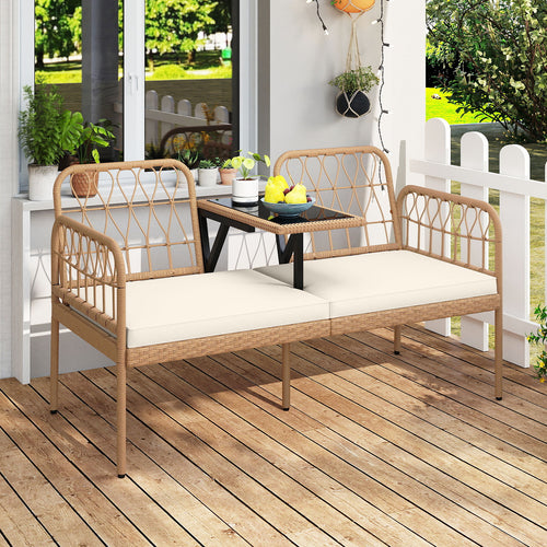 2-Seat PE Rattan Outdoor Loveseat with Built-in Coffee Table and Soft Cushions, White